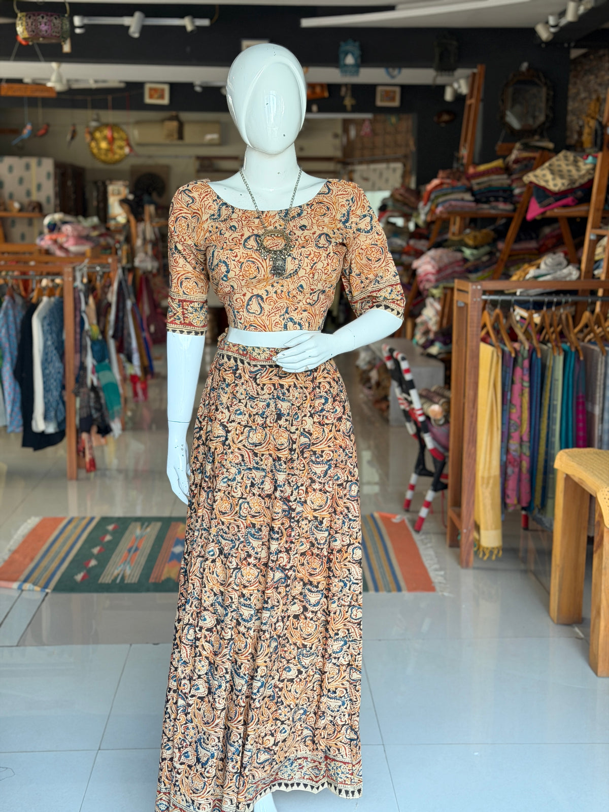 Langa voni - half saree - Kalamkari hand block printed cotton long skirt / lehenga / langa with cotton blouse - 2 piece set