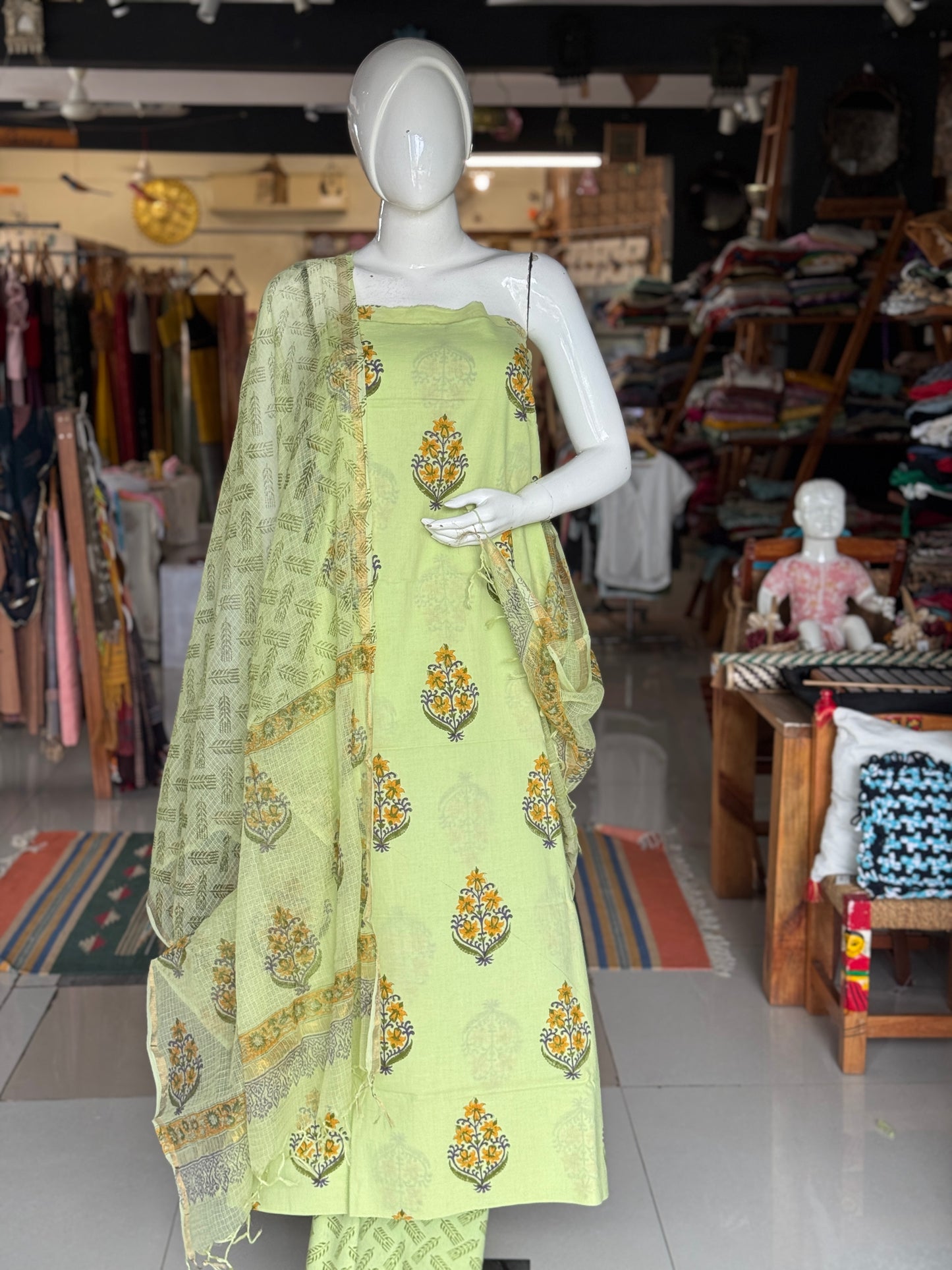 Light n bright green hand block printed cotton 3 piece unstitched suit set with kota doria dupatta