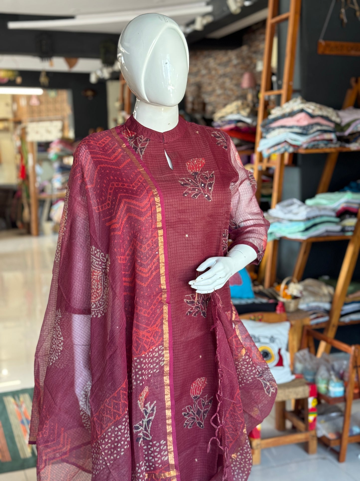 Wine tone hand block printed kota cotton straight kurti, pants and dupatta set - with hand embroidery