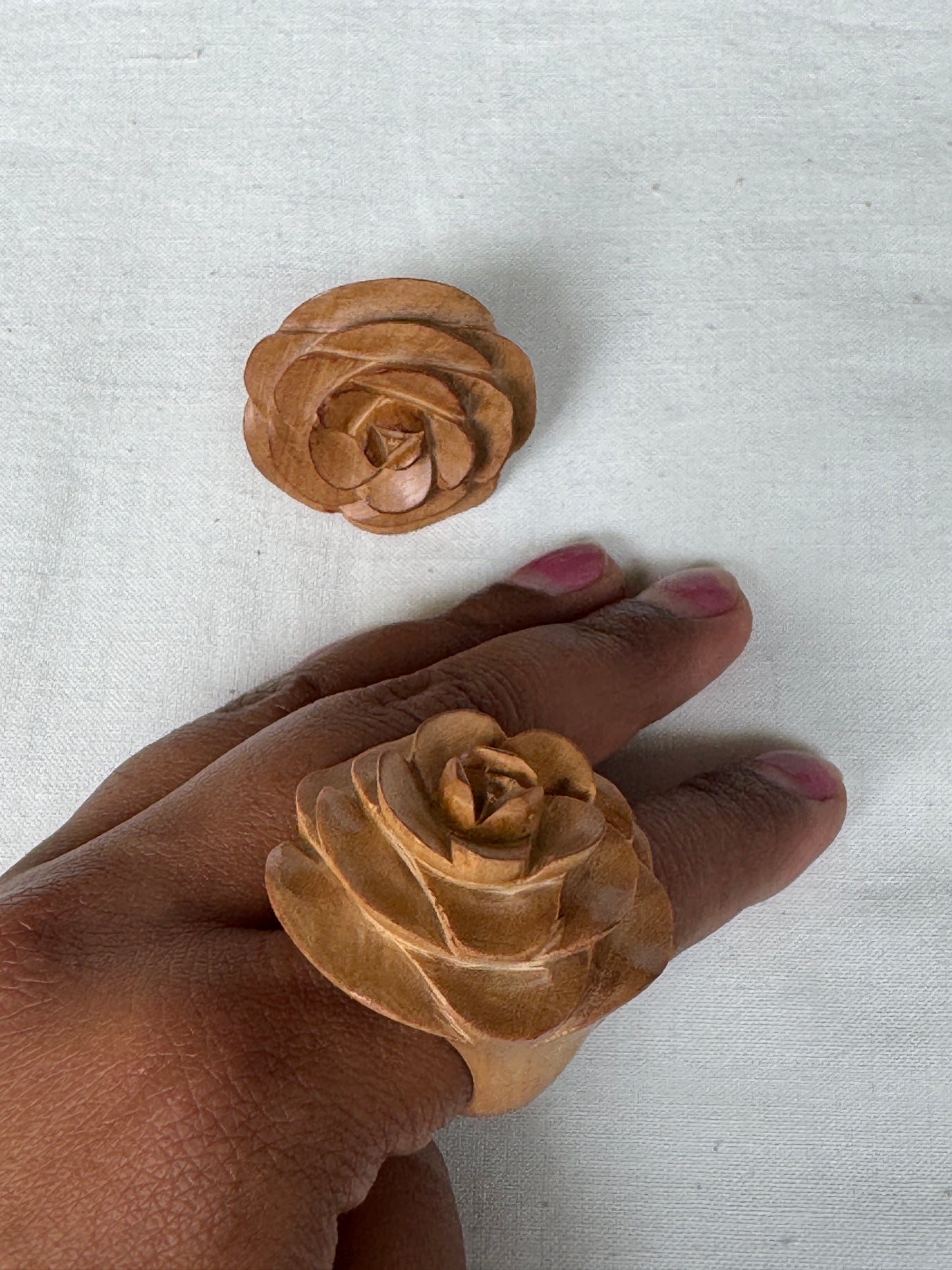 Rose hand carved finger ring in yellow wood - color options available