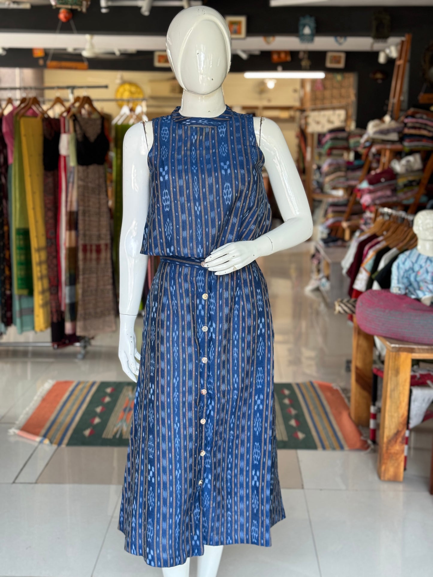 Blue ikat handwoven cotton coord set with sleeveless crop top and skirt with front buttons detailing