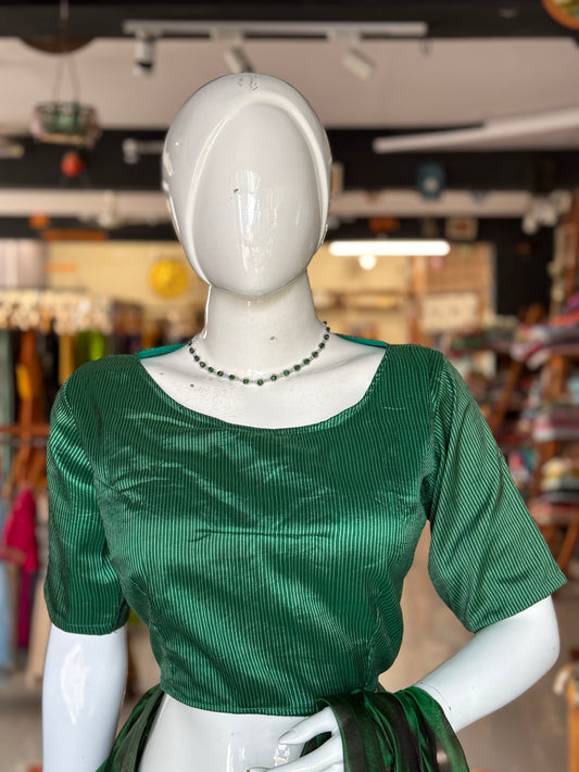 Green and silver stripes pure silk blouse
