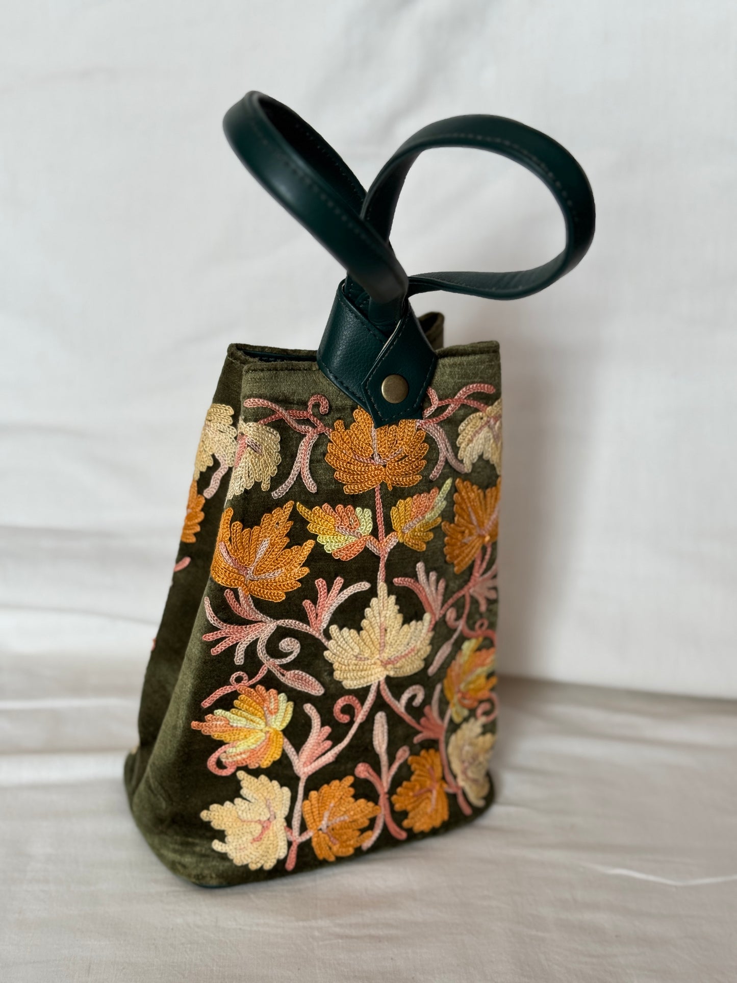 Potli bags with Kashmiri floral Aari embroidery - interesting twist around handle button closure