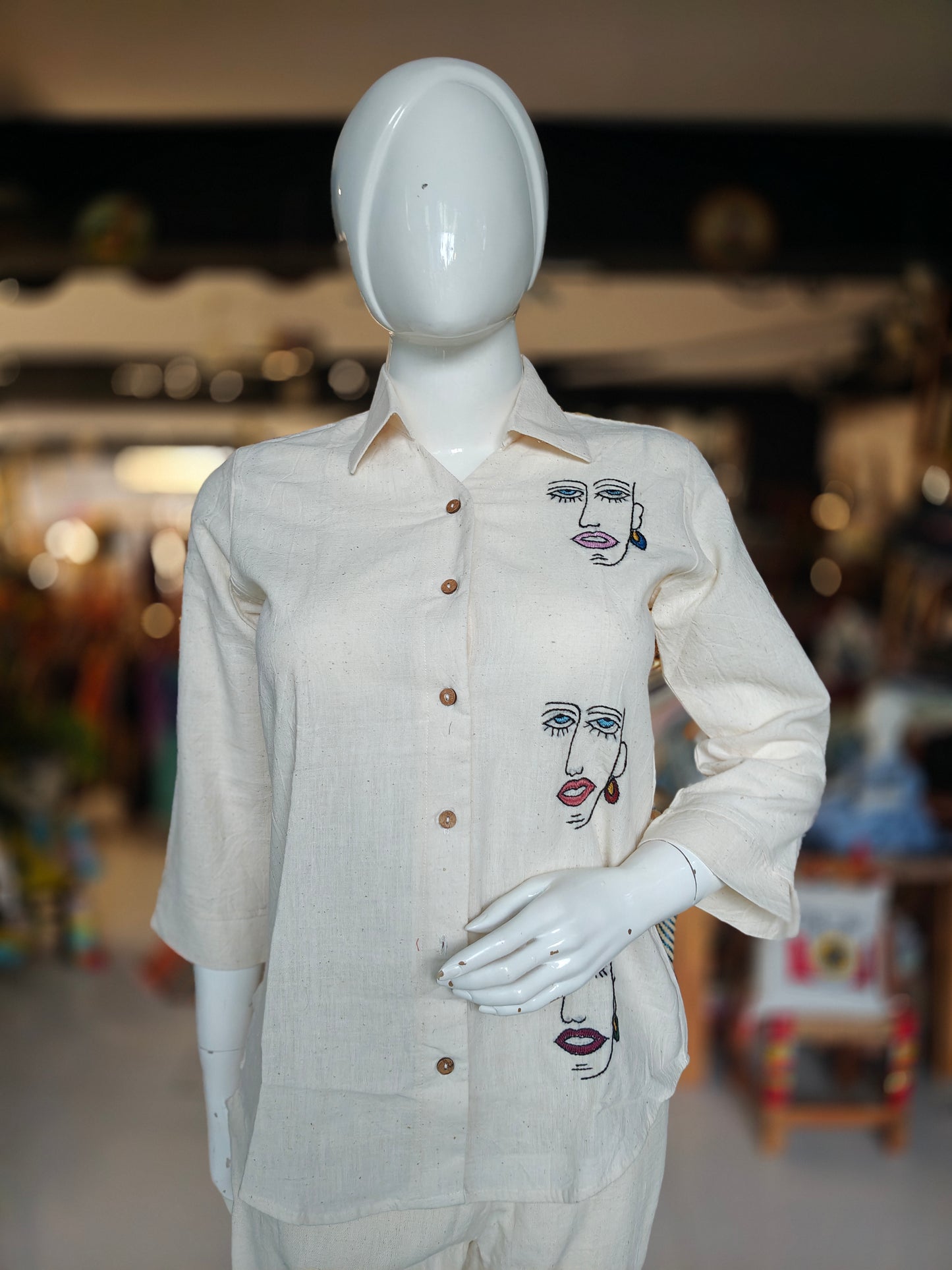 Hand embroidered Off white organic kala cotton shirt for women