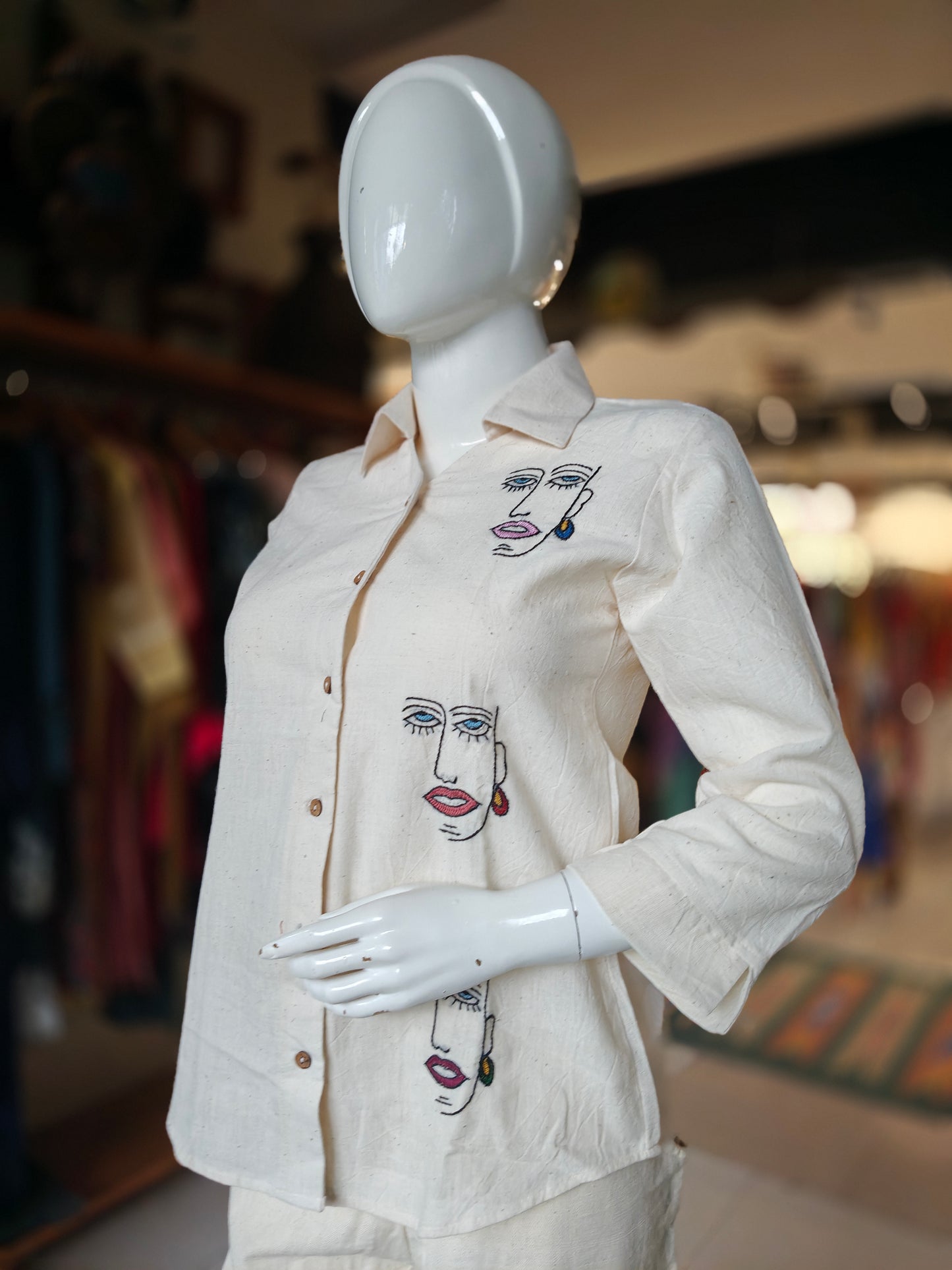 Hand embroidered Off white organic kala cotton shirt for women