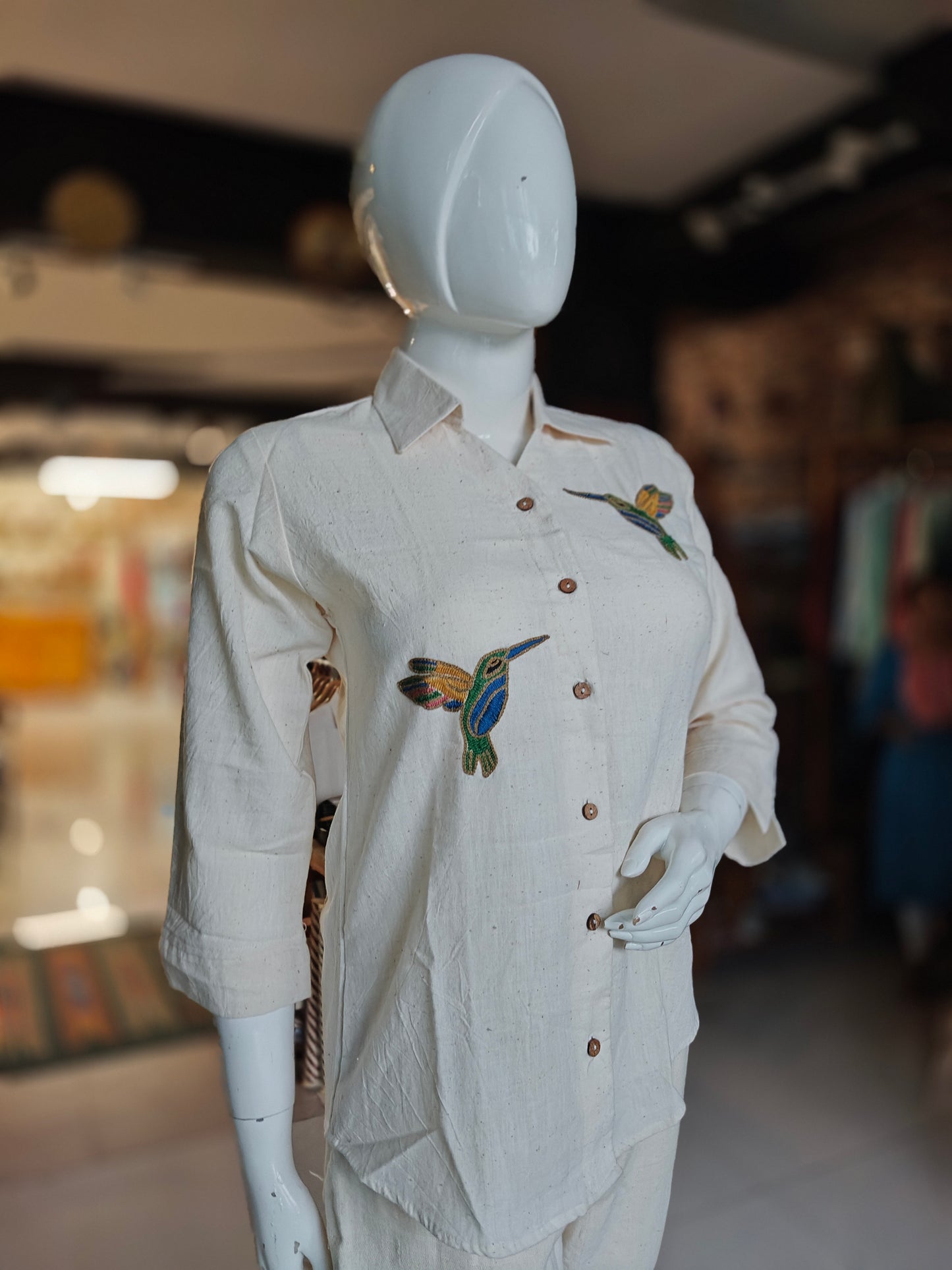 Hand embroidered Off white organic kala cotton shirt for women