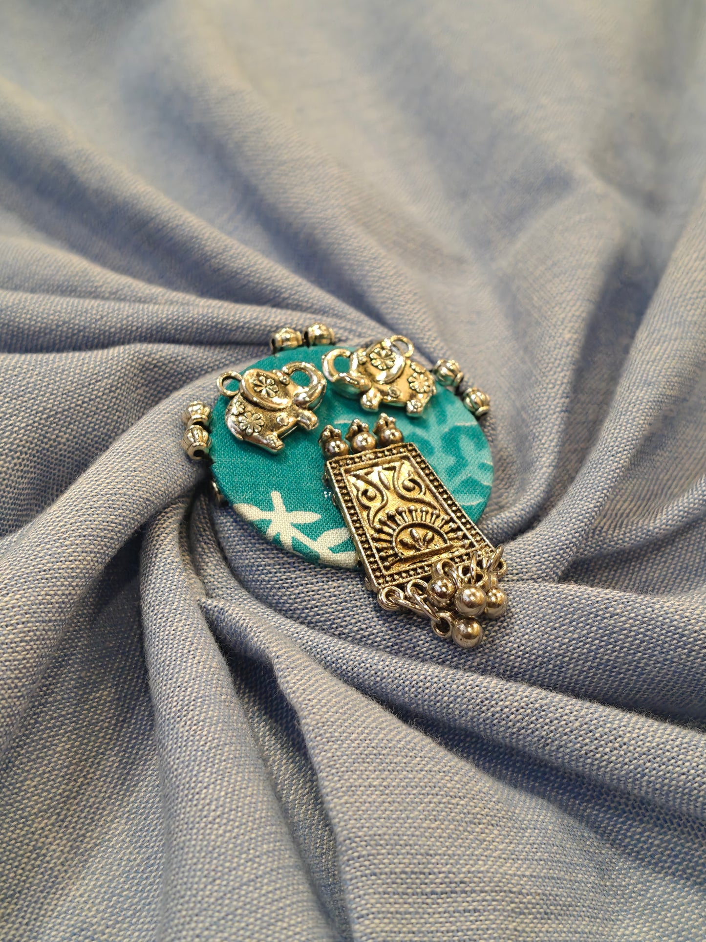 Elegant Ajrakh brooches with silver work - multiple colors and patterns