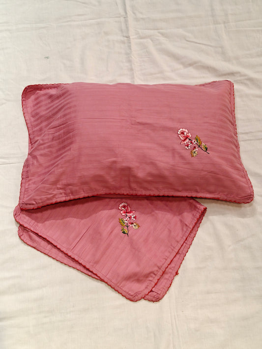 Embroidered satin cotton pillow cover - dusty rose - single