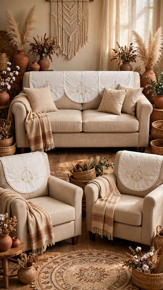 White cotton with cream embroidery and cut work scalloped lace bordered sofa covers - 3 piece set