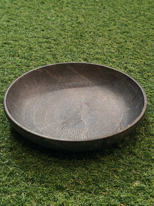 Small black granite handcrafted round stone tray with etched design