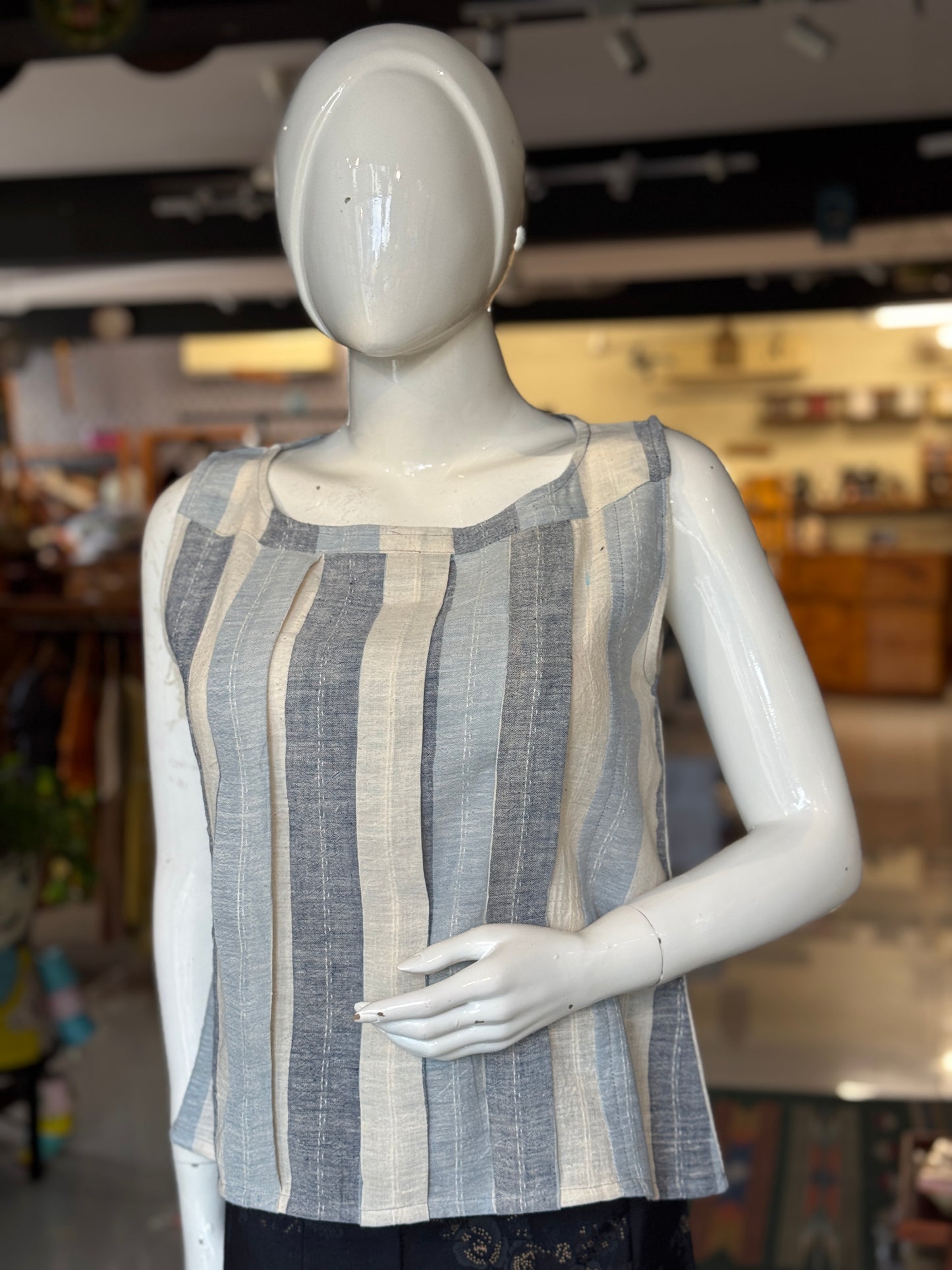 Blue and Off white stripes kala cotton, handwoven top with pleated front and boat neck