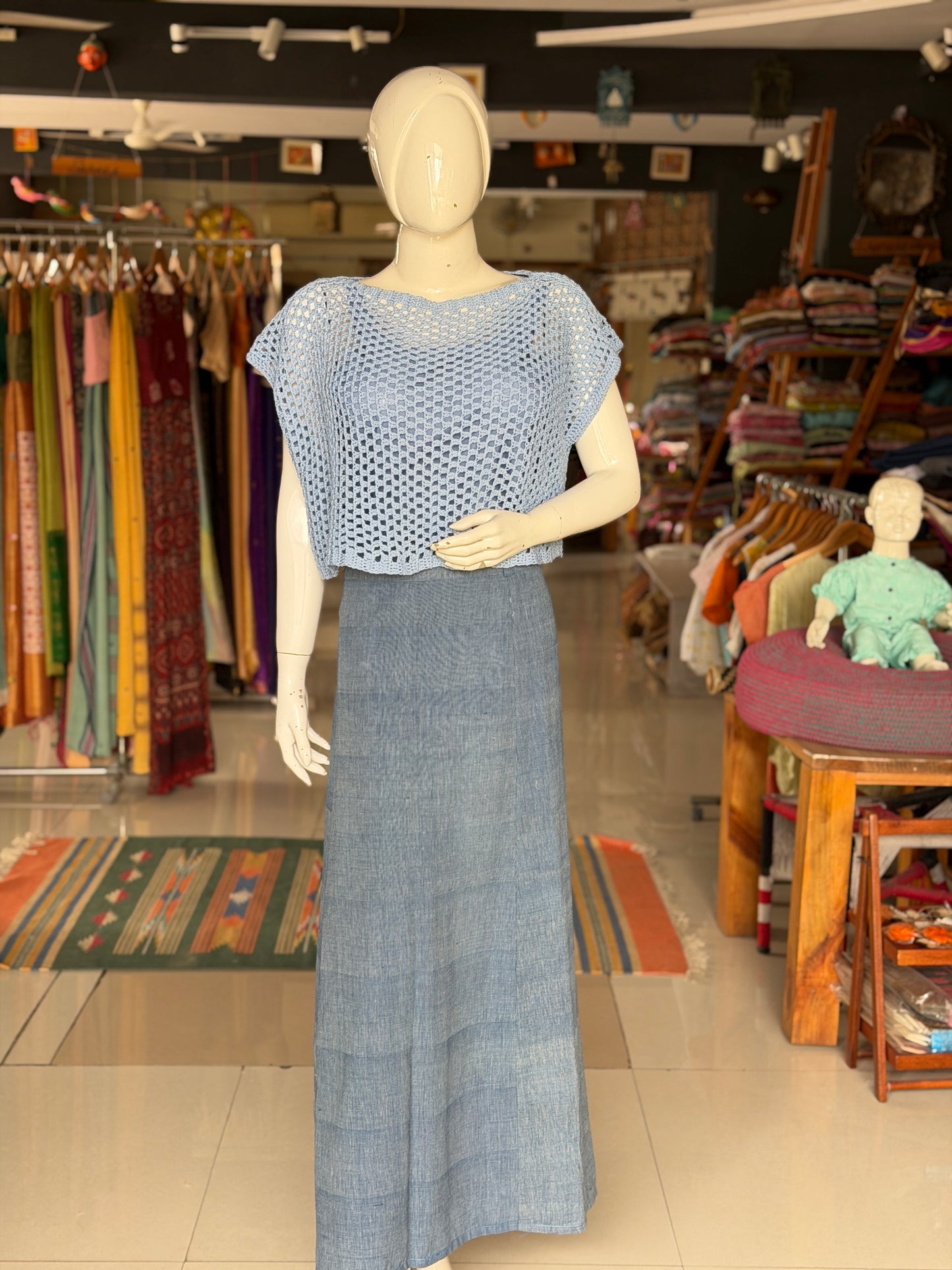 Blue hand crocheted cotton top - free size