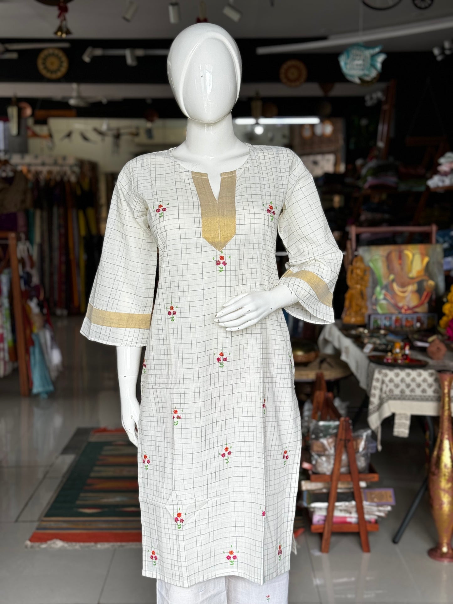 Off white checks hand embroidered flowers cotton kurta