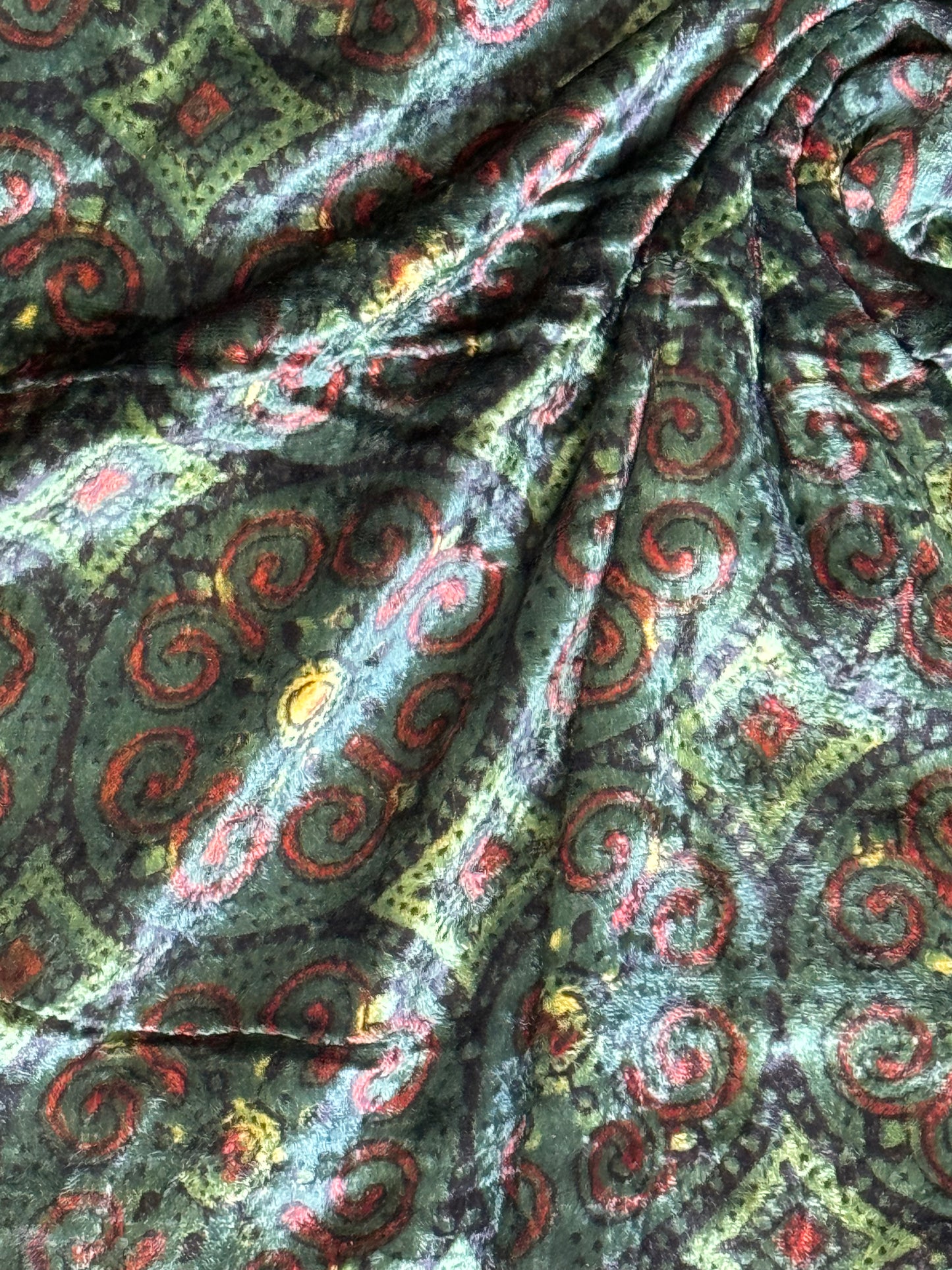 Green ajrakh hand block prints on velvet fabric