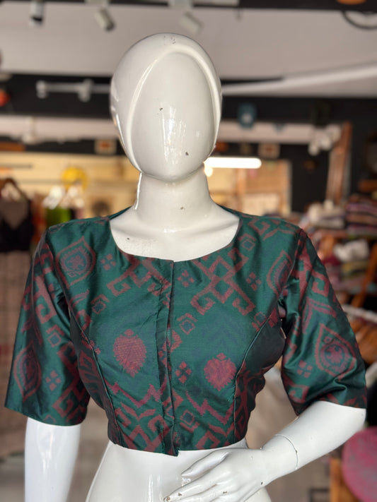 Dark green and brown princess cut front open blouse with lining