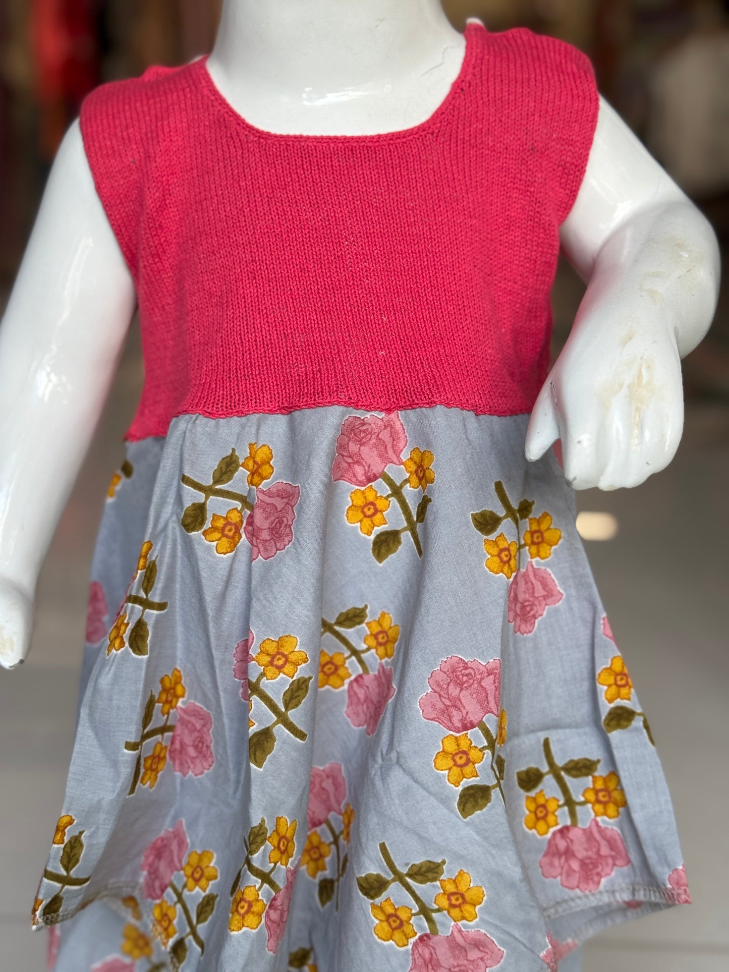 Crochet hand work yoke with hand block printed kerchief cut soft cotton frock