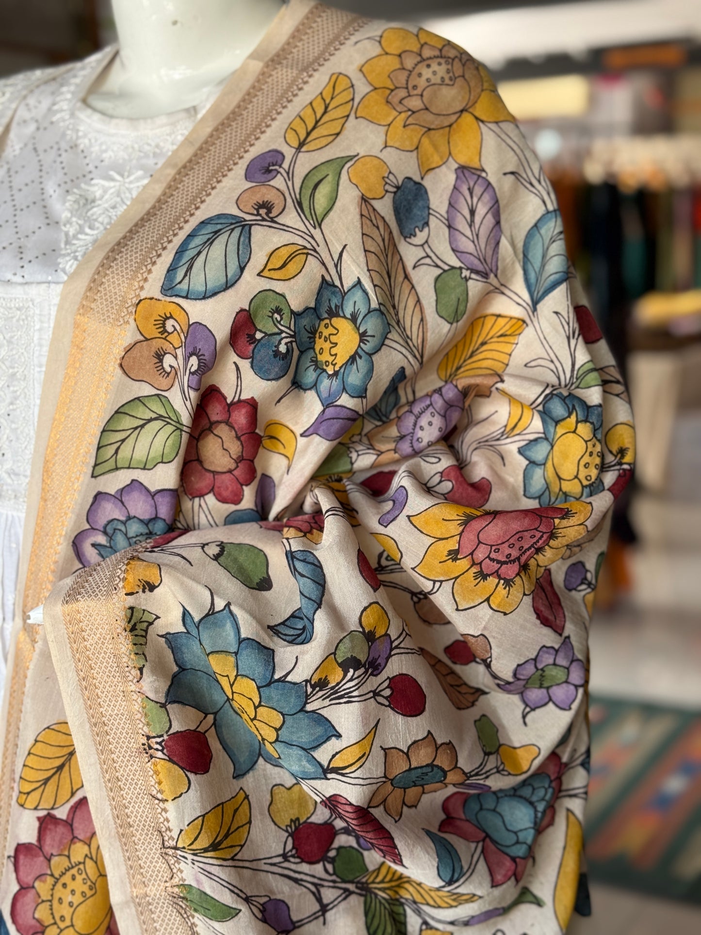 Colorful floral handpainted on Cream base Bangalore silk dupatta