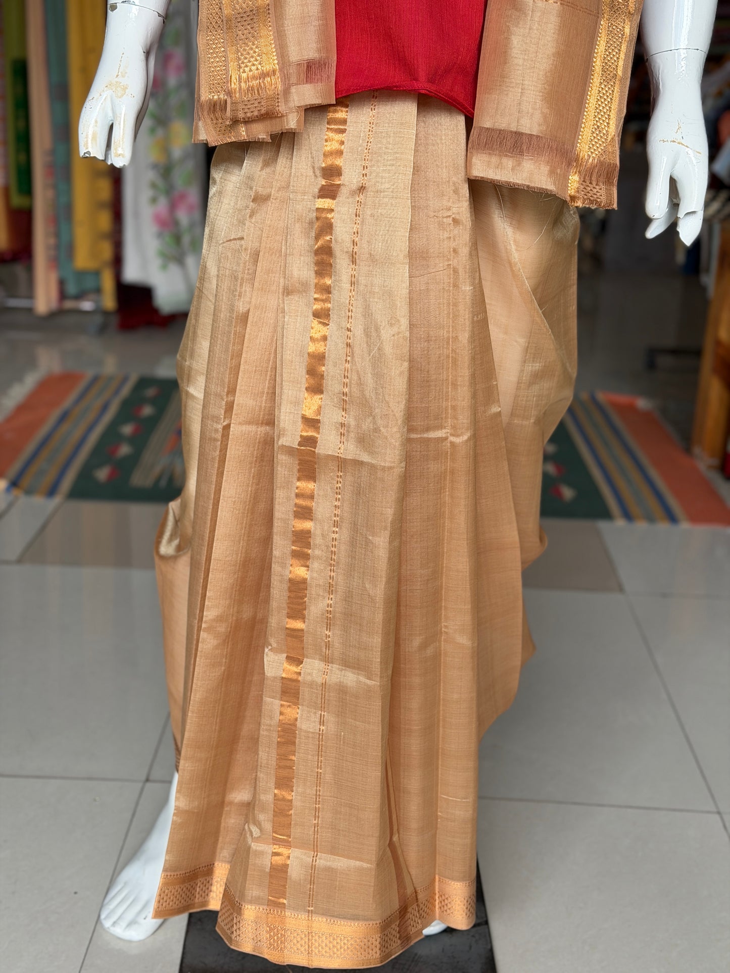 Golden beige dhoti set with zari borders for men - Mangalagiri Handloom silk cotton pancha kanduva set