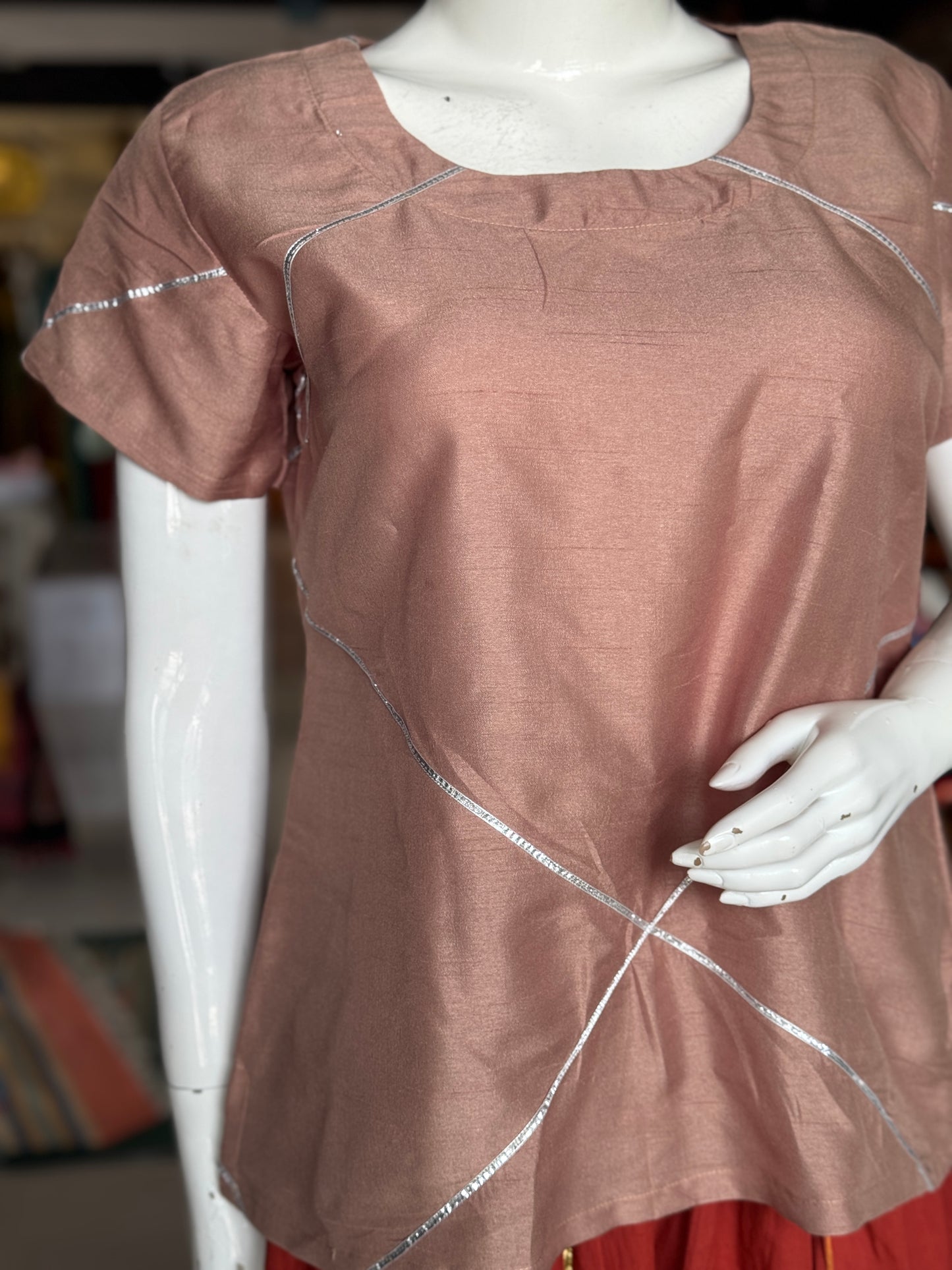 Pinkish brown art silk short top with silver gota