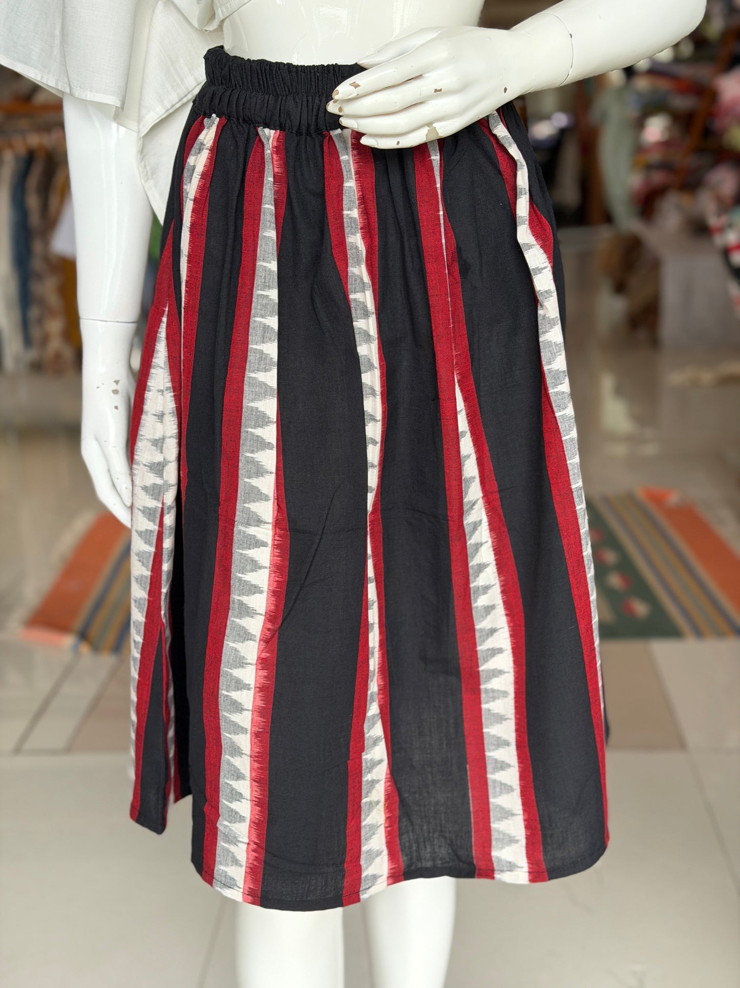 Black temple stripes hand woven ikat cotton skirt - free size with elastic for full waist