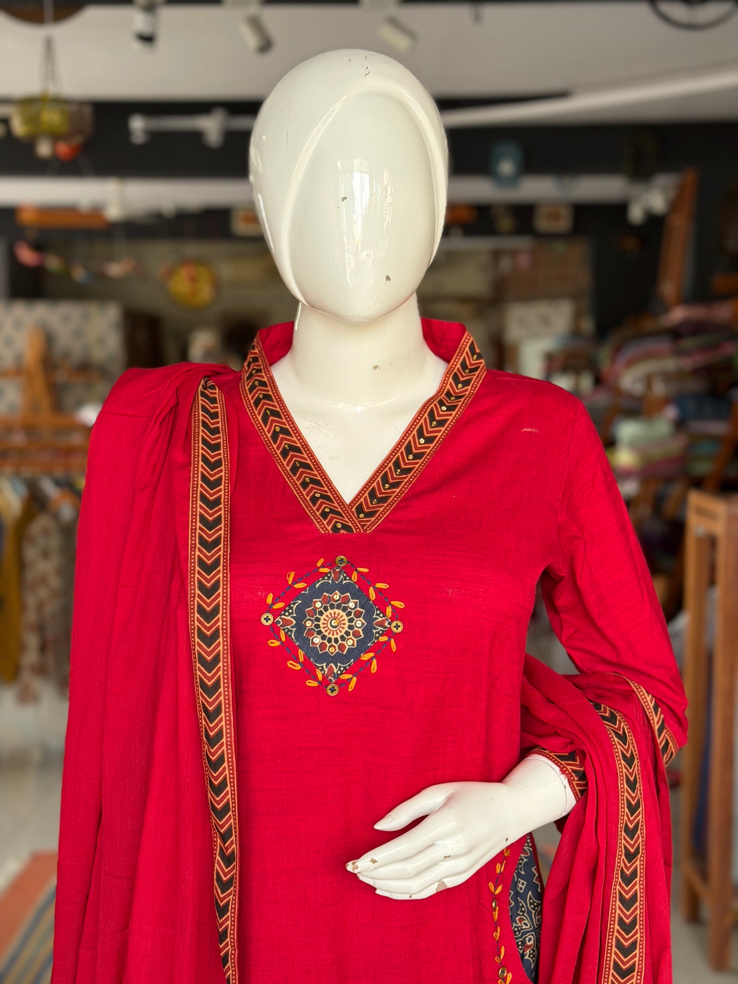 Red patch work a-line kurti, pants and dupatta - 3 piece set with pocket detailing