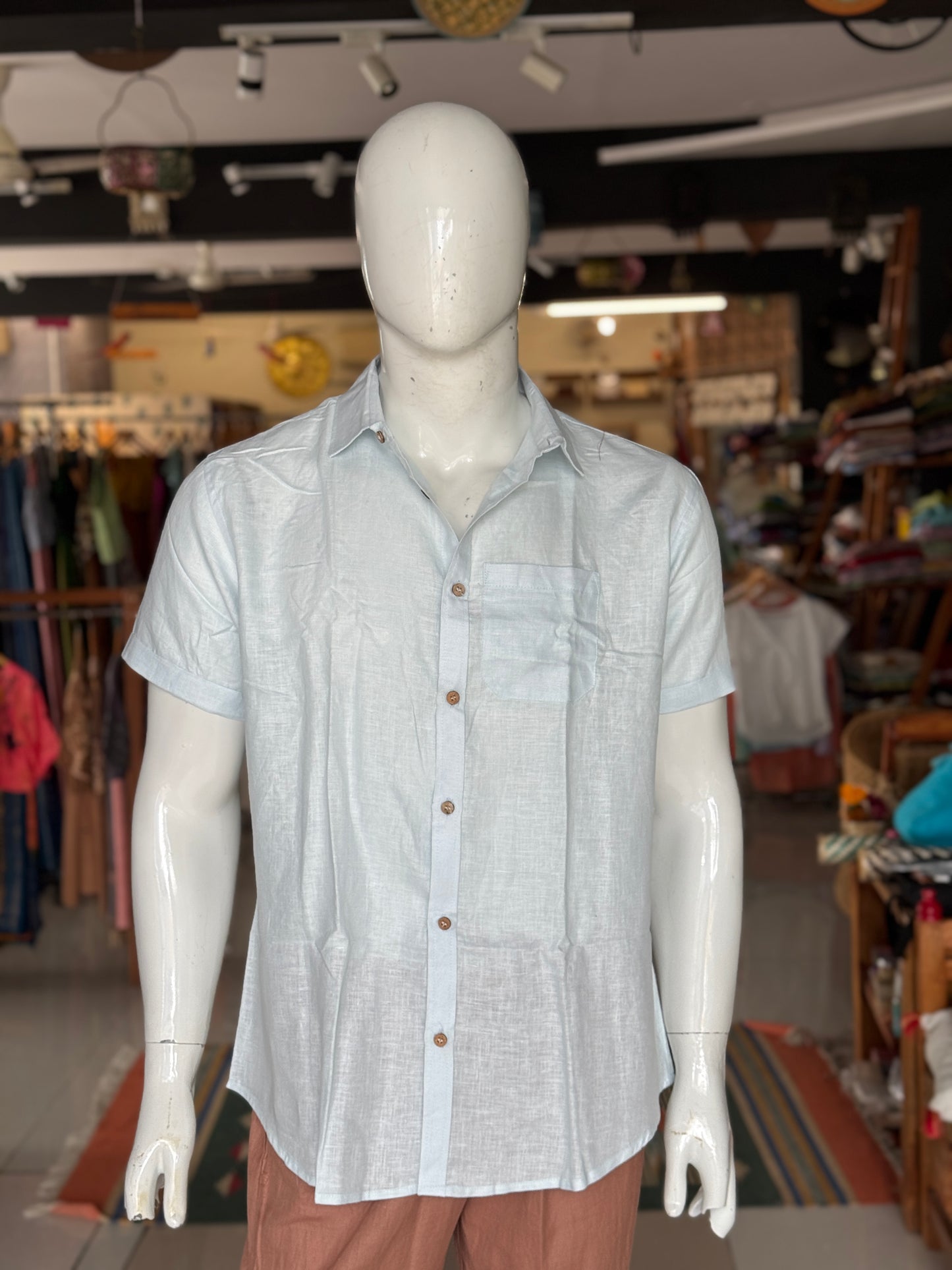 Sky blue hemp half sleeves shirt for men