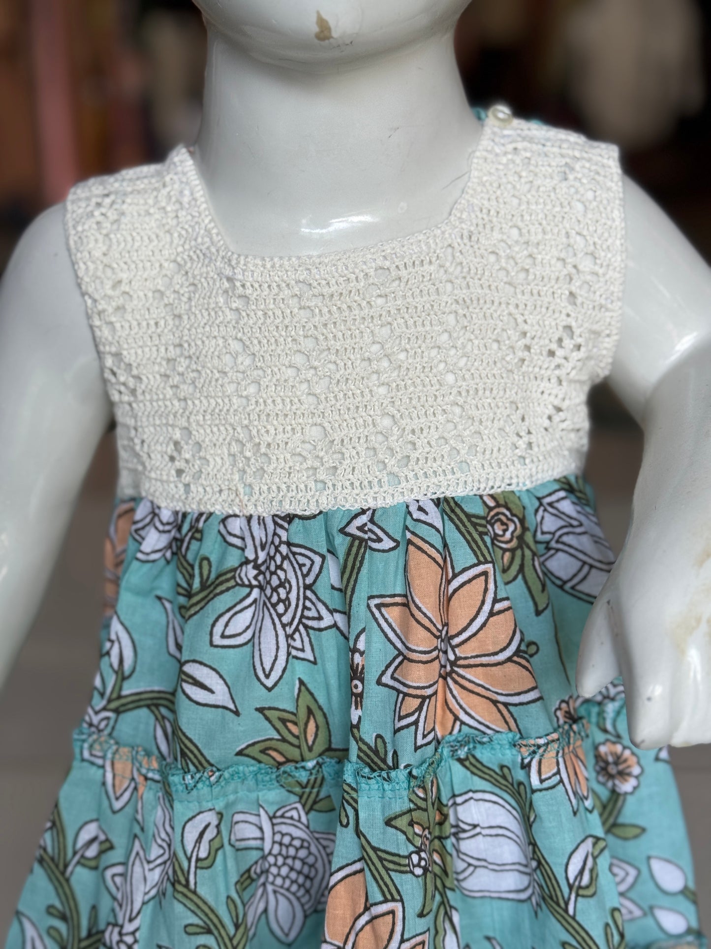 Tiered hand block printed cotton frock with crochet yoke for girls