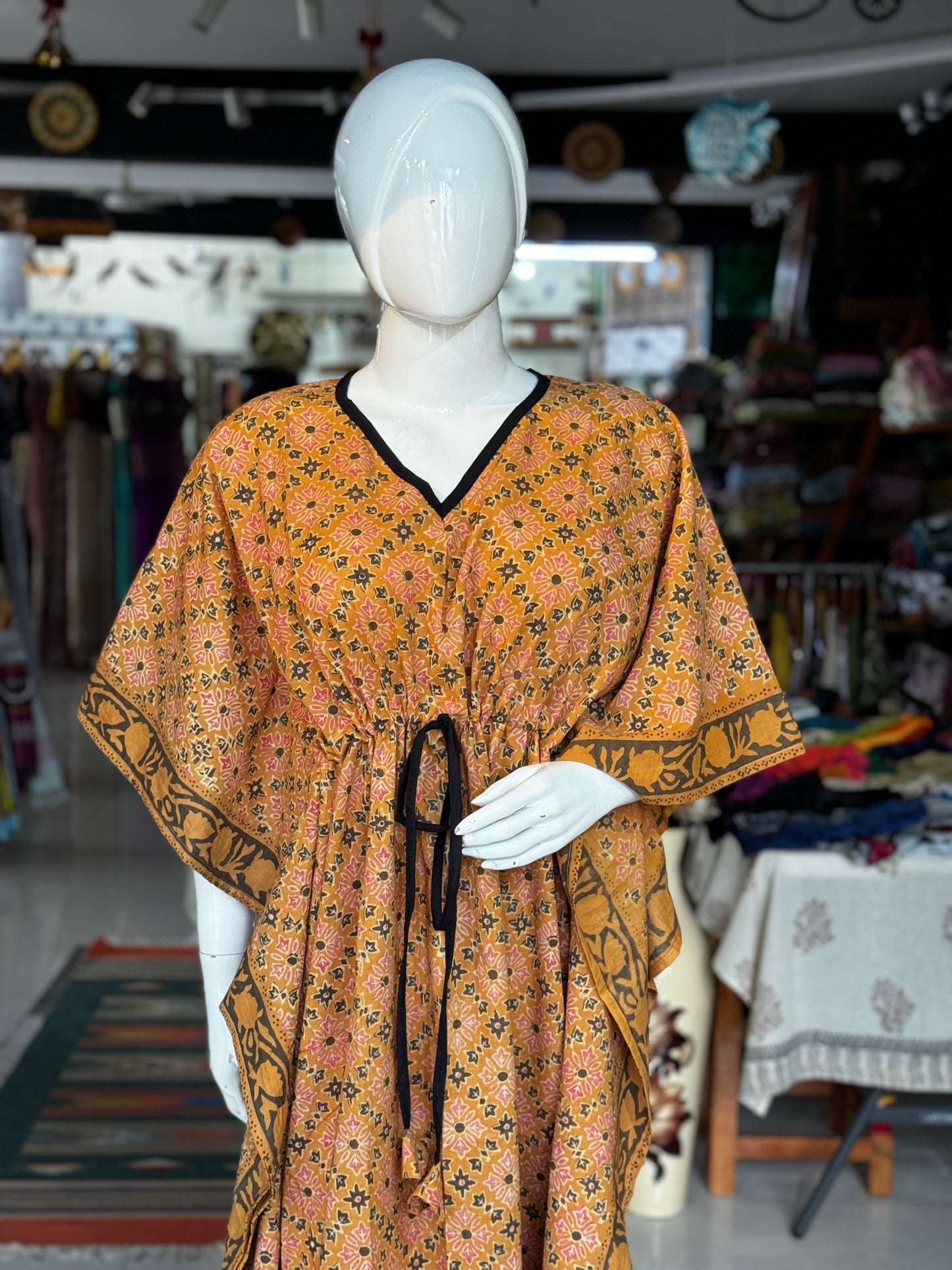 Hand block printed cotton long kaftan nighty