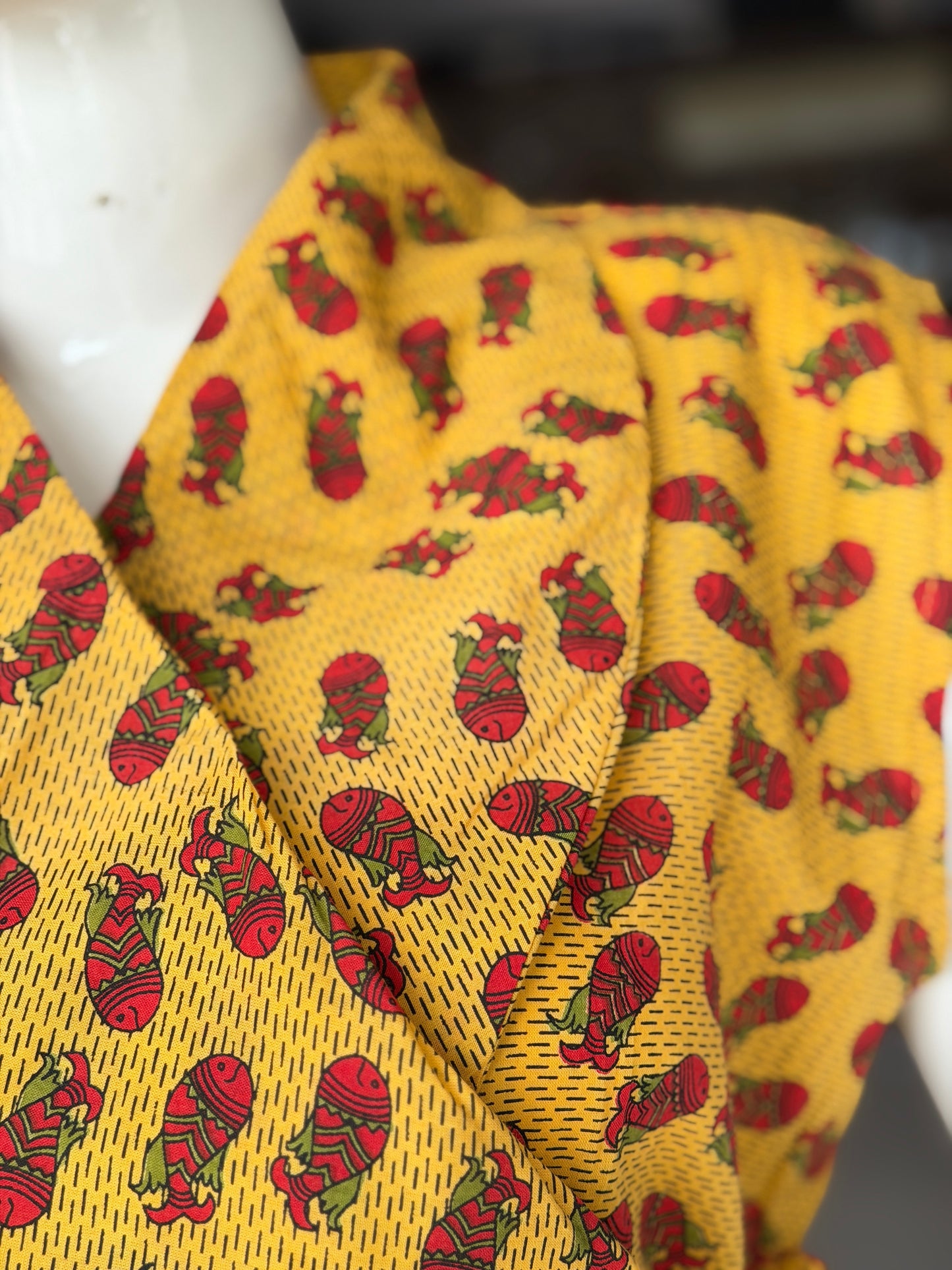 Yellow fish hand block printed collared cotton top