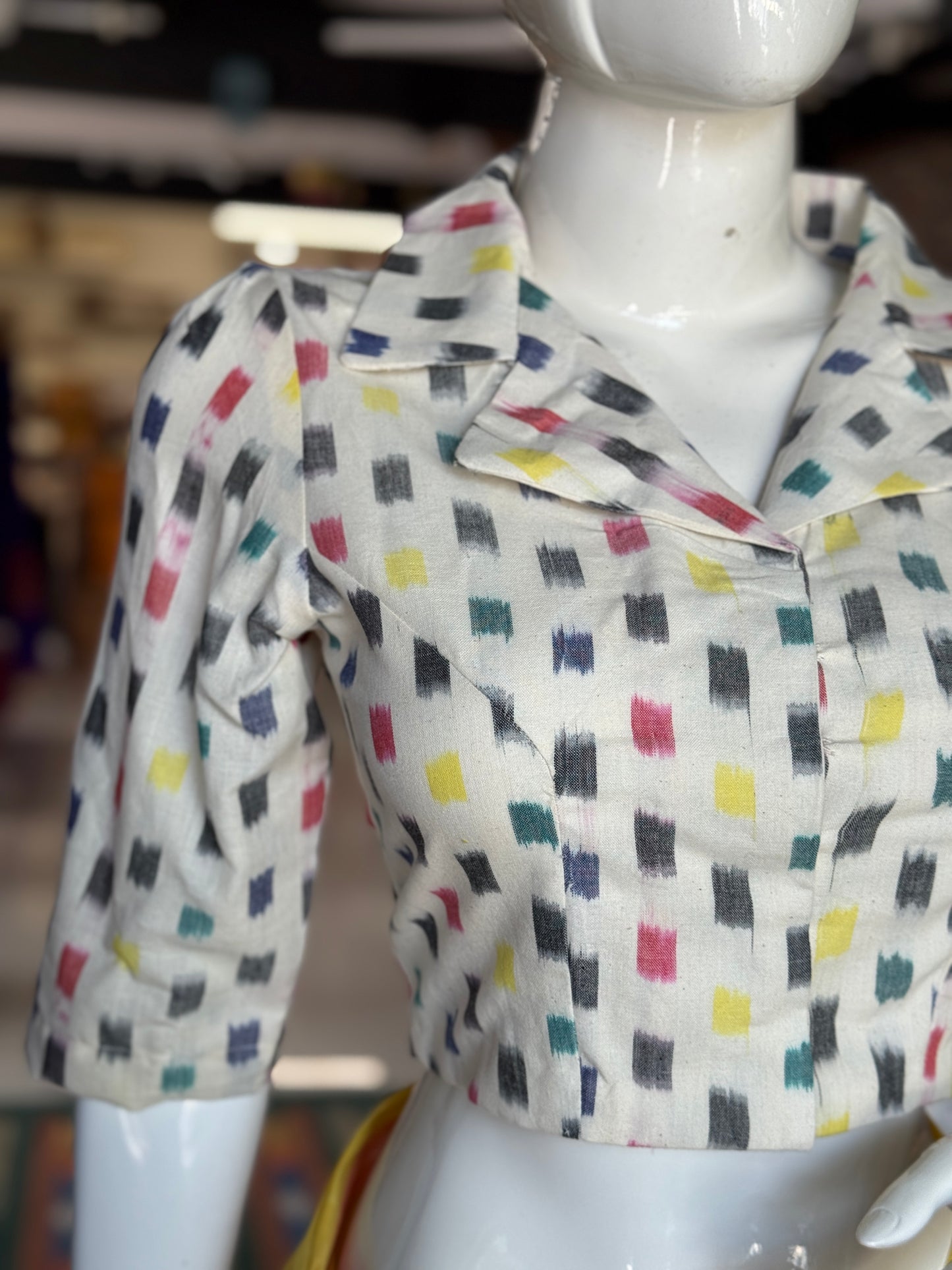 Cream with multi color ikat rectangles handloom cotton blouse