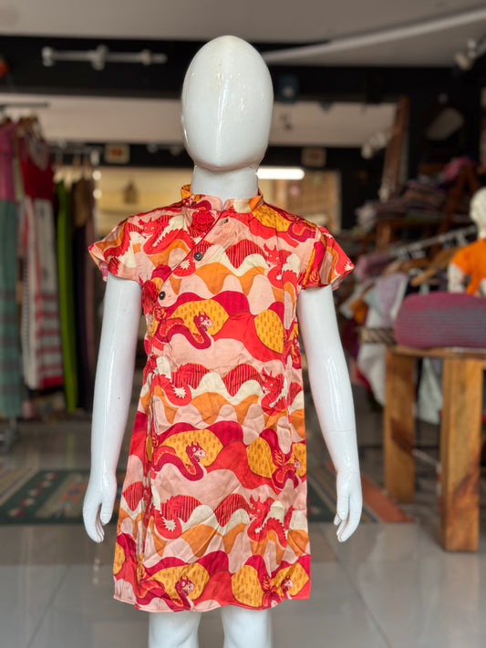Red n orange dragon prints cross button style dress for girls