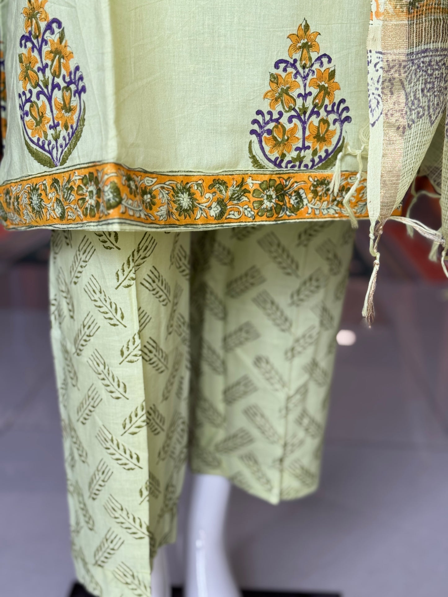 Light green hand block printed cotton 3 piece suit set with kota doria dupatta