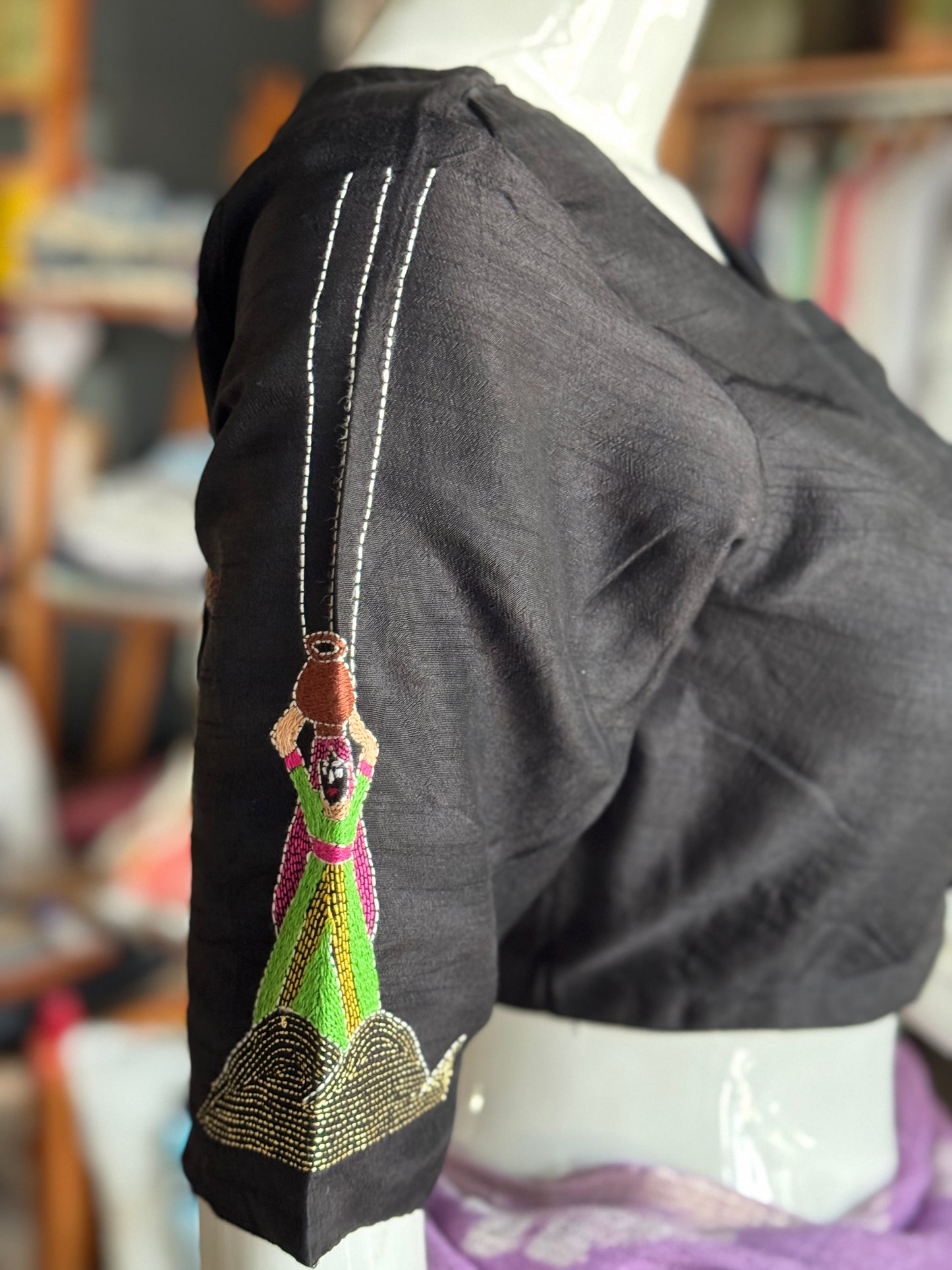 Black camel safari couple - Kantha hand embroidered silk blouse