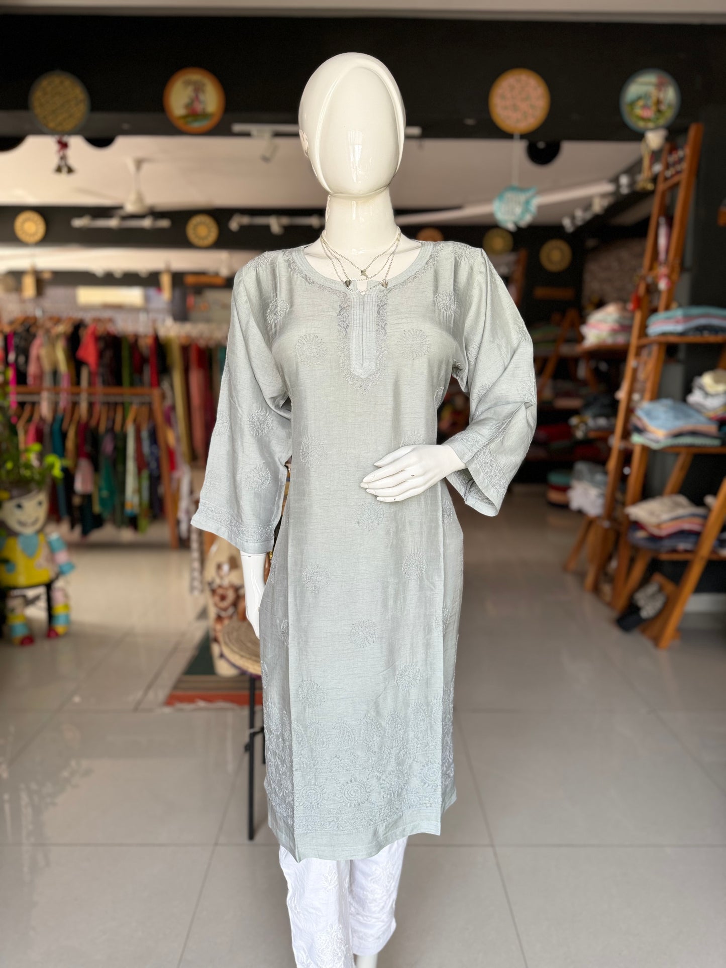 Grey chikankari hand embroidered straight cuts raw silk kurti