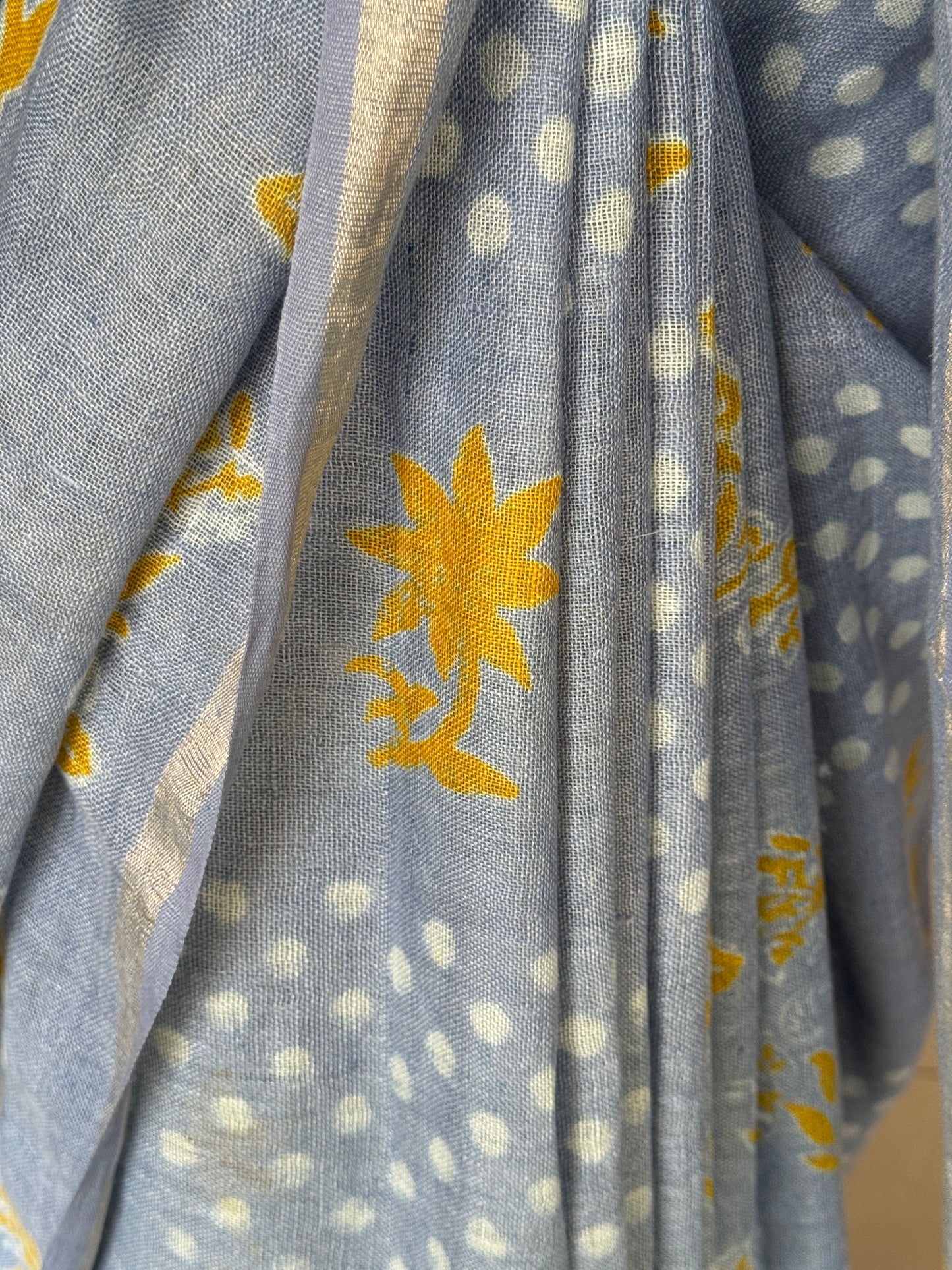 Pastel blue dots n flowers hand block printed linen saree