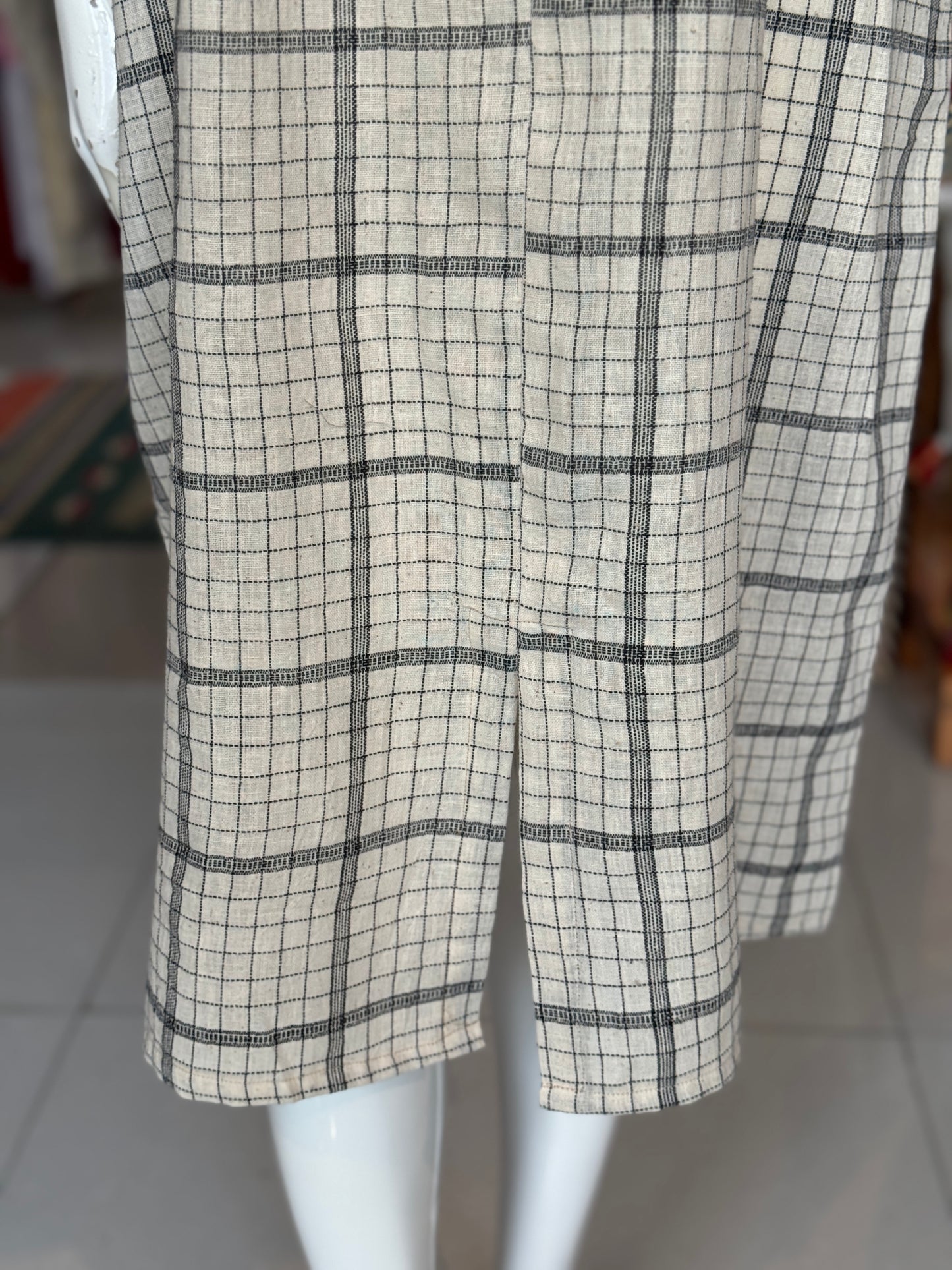 Off white checks kala cotton, handwoven dress with collared square neck