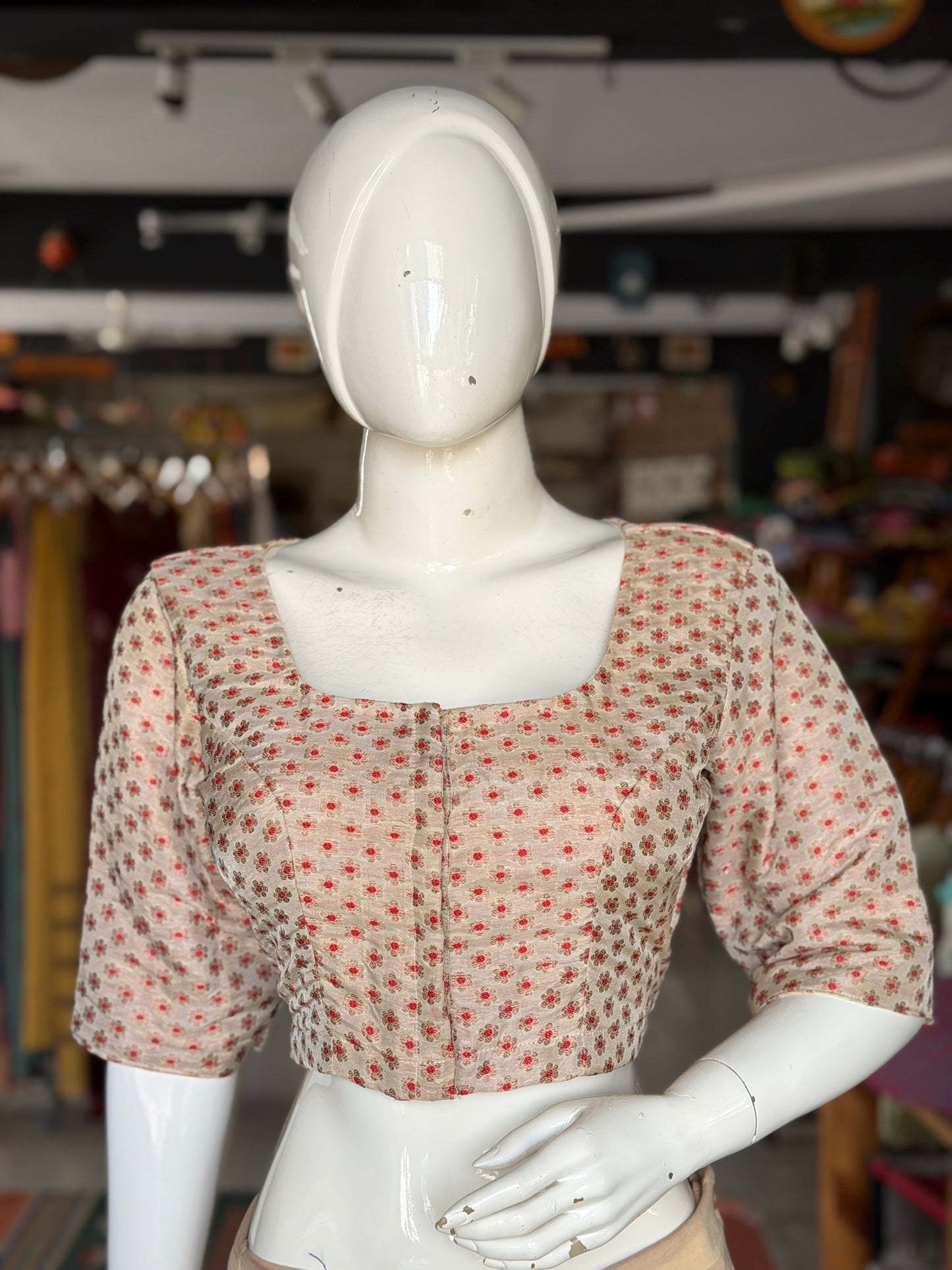 Cream handwoven silk blouse with gold and red flower butis