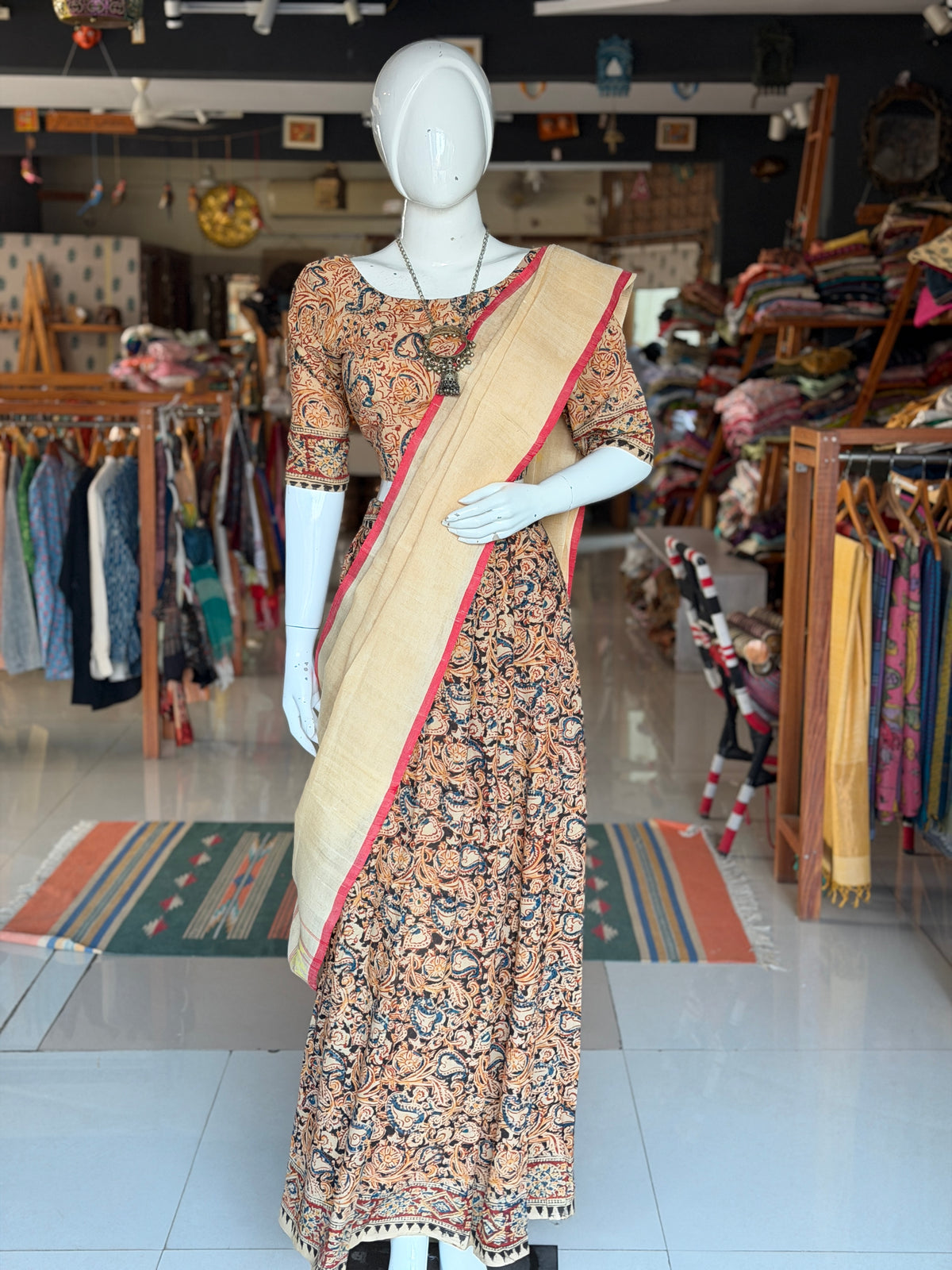 Langa voni - half saree - Kalamkari hand block printed cotton long skirt / lehenga / langa with cotton blouse - 2 piece set