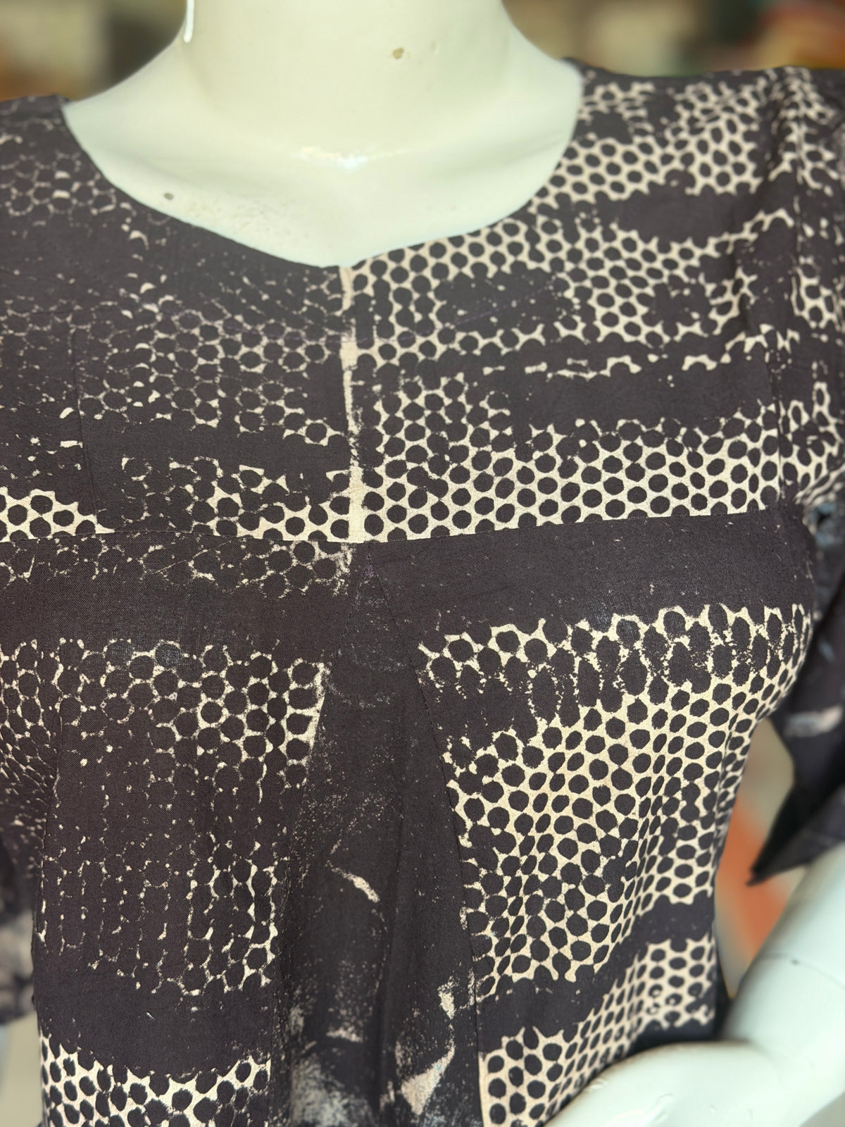 Black and beige hand block printed cotton dress