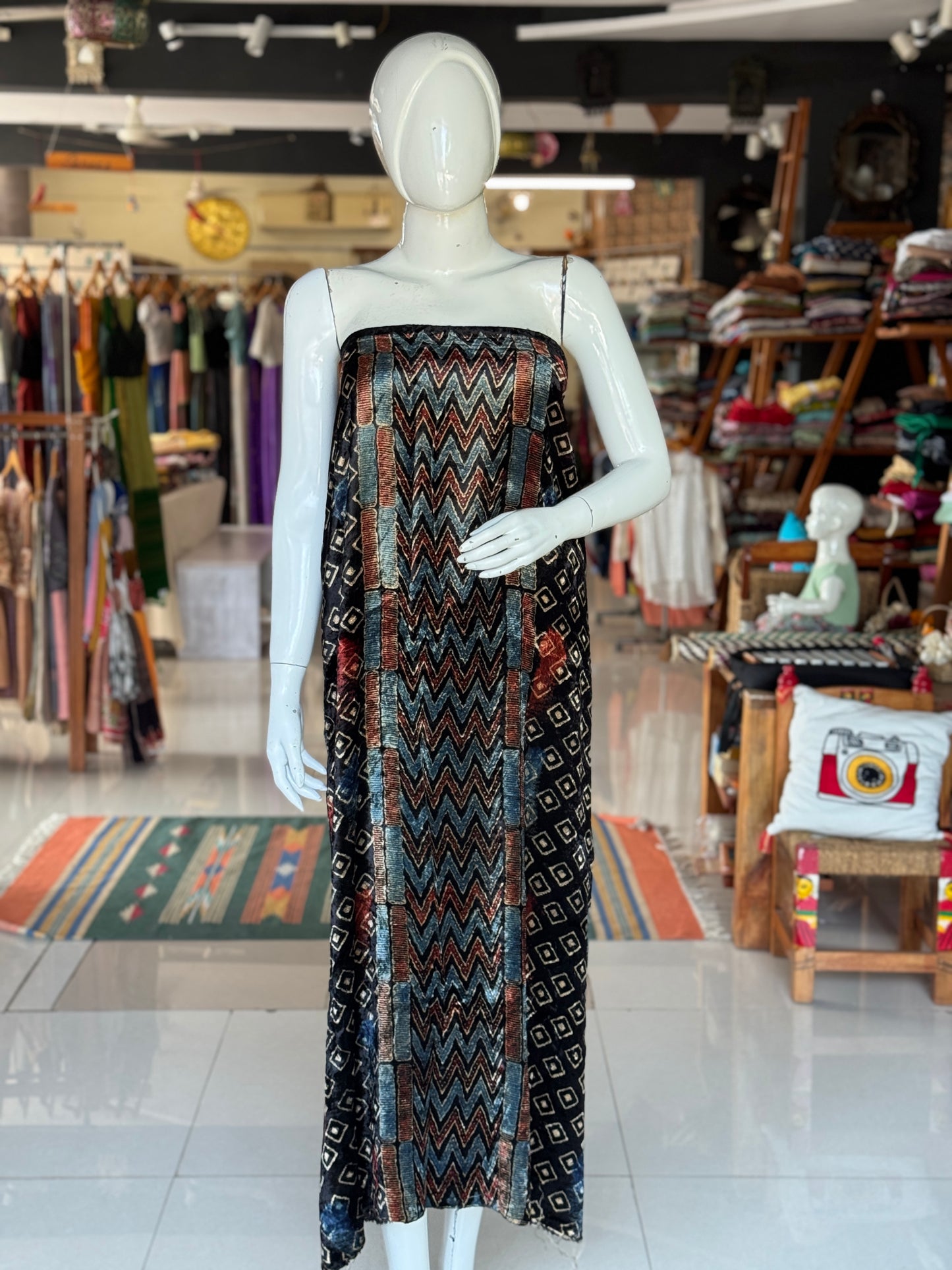 Velvet kurti fabric with Ajrakh hand block prints