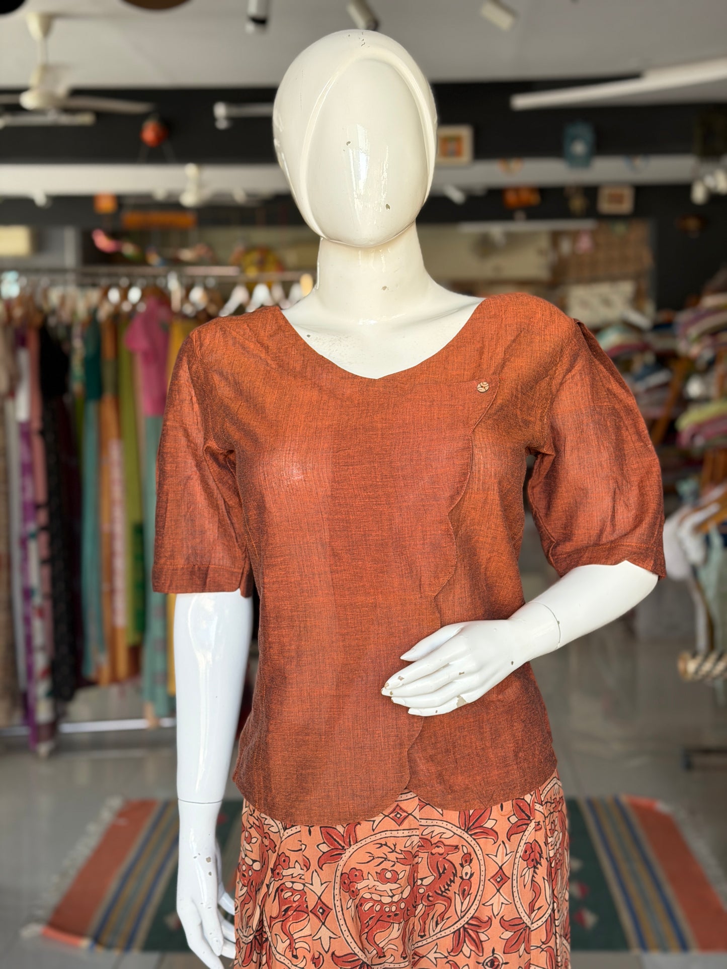 Brown soft mul handwoven cotton top with one side scallop cross panel