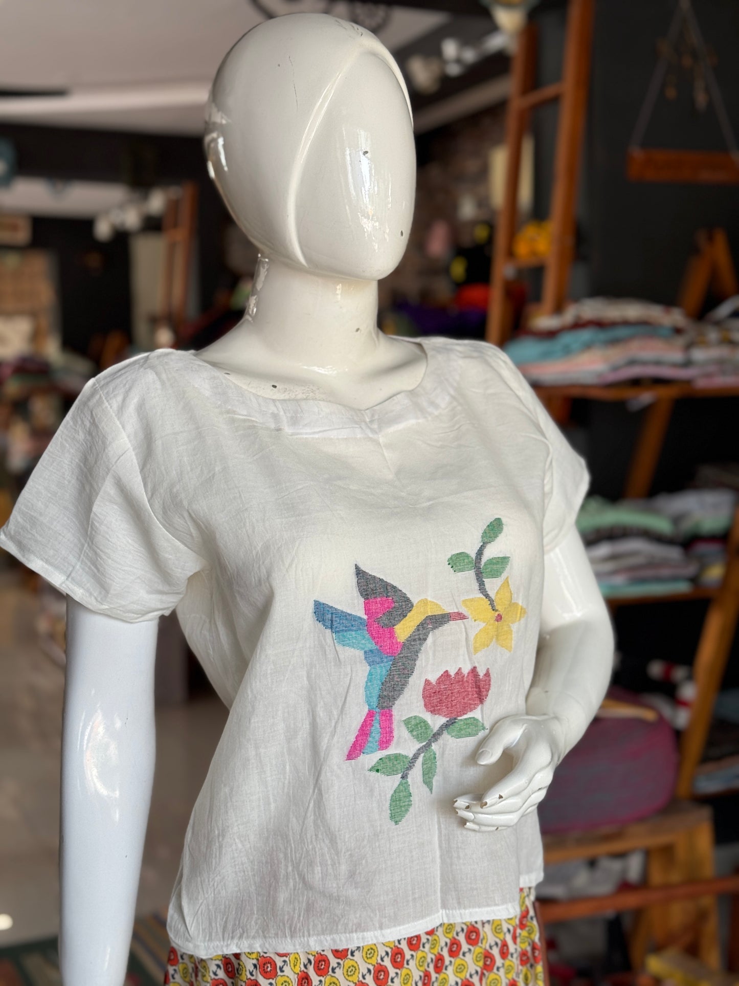 White Jamdani cotton handloom top with bird and flower motif on the front and back with elastic detailing