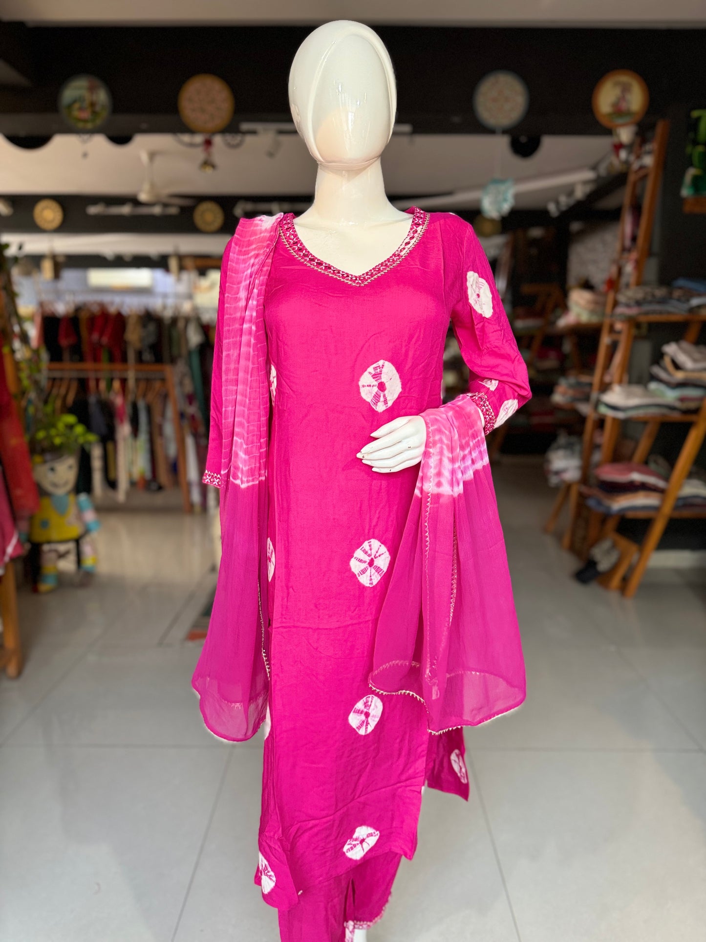 Pink tie dye print cotton rayon side slit kurta, pleated hem pants and dupatta - 3 piece set