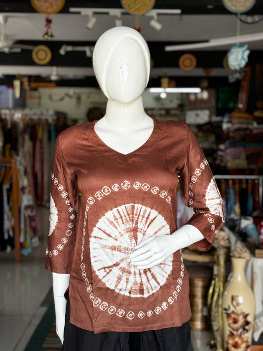 Brown cotton tunic top with hand tie n dye bandini placement