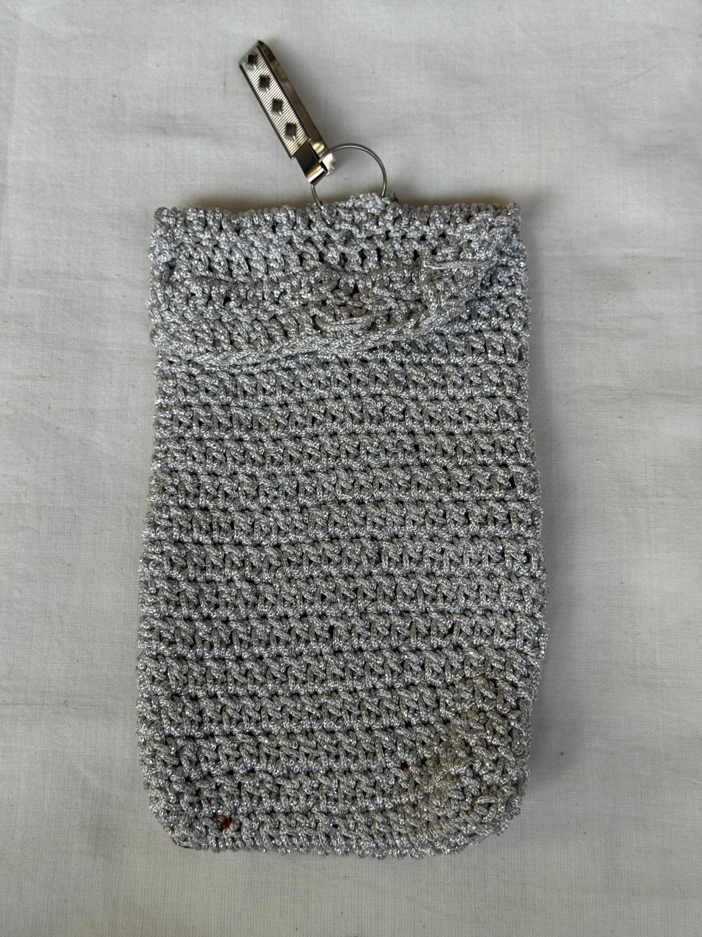 Silver Crochet Mobile phone pouch with waist clip on and magnetic closure - handcrafted crochet