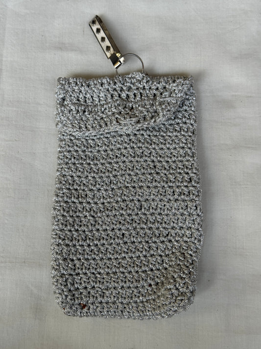 Silver Crochet Mobile phone pouch with waist clip on and magnetic closure - handcrafted crochet