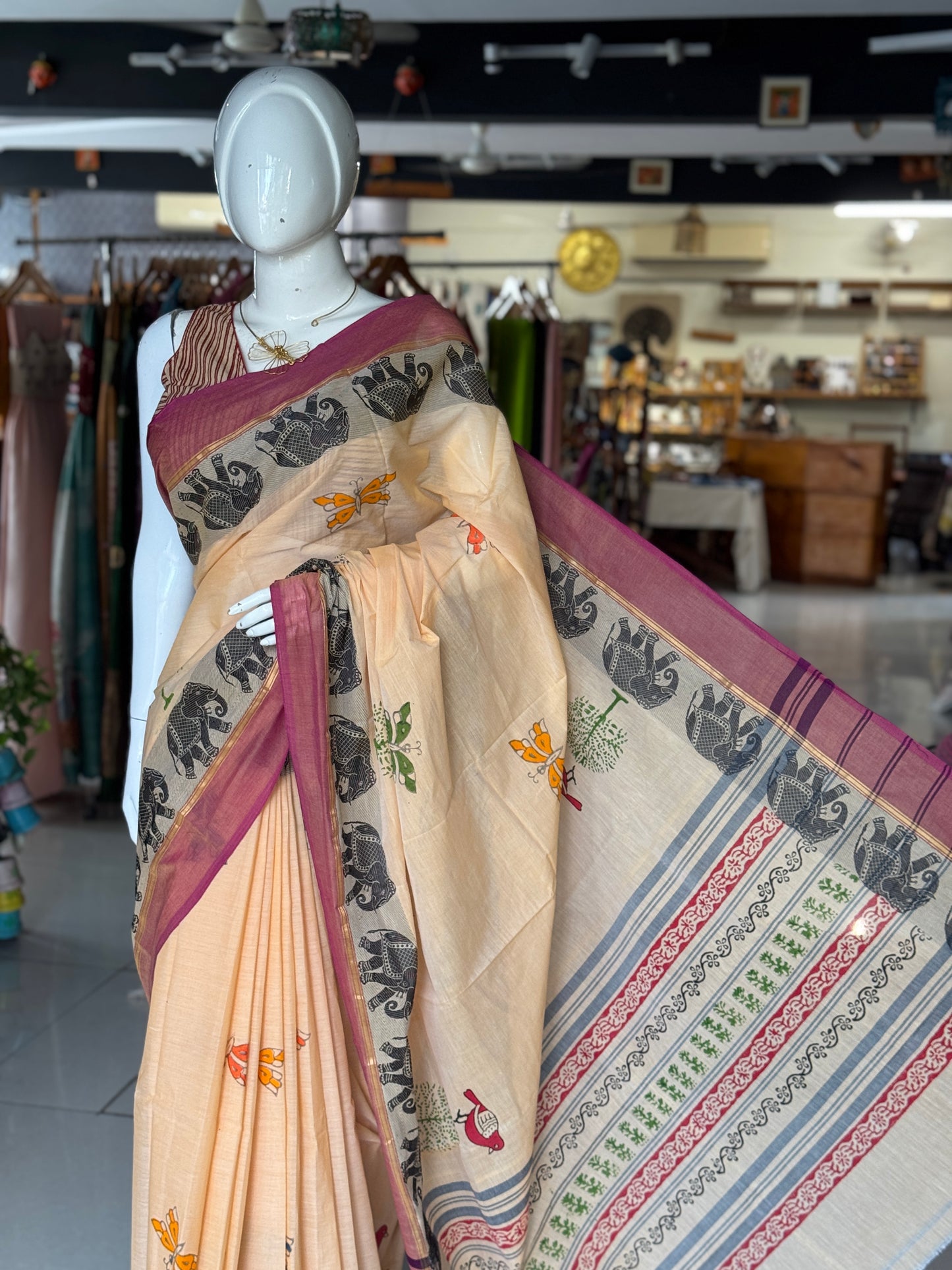 Sandal tone hand block printed Chettinad cotton saree - birds and butterflies