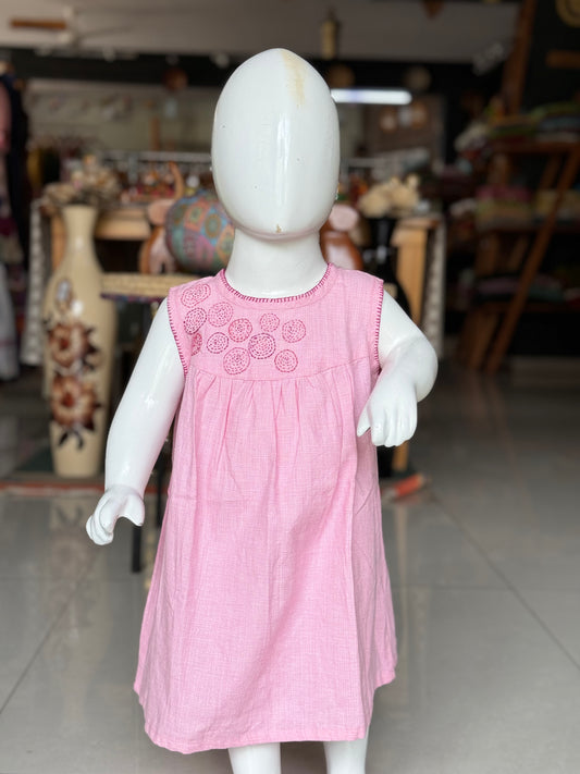 Light pink hand embroidered circles design cotton frock for girls