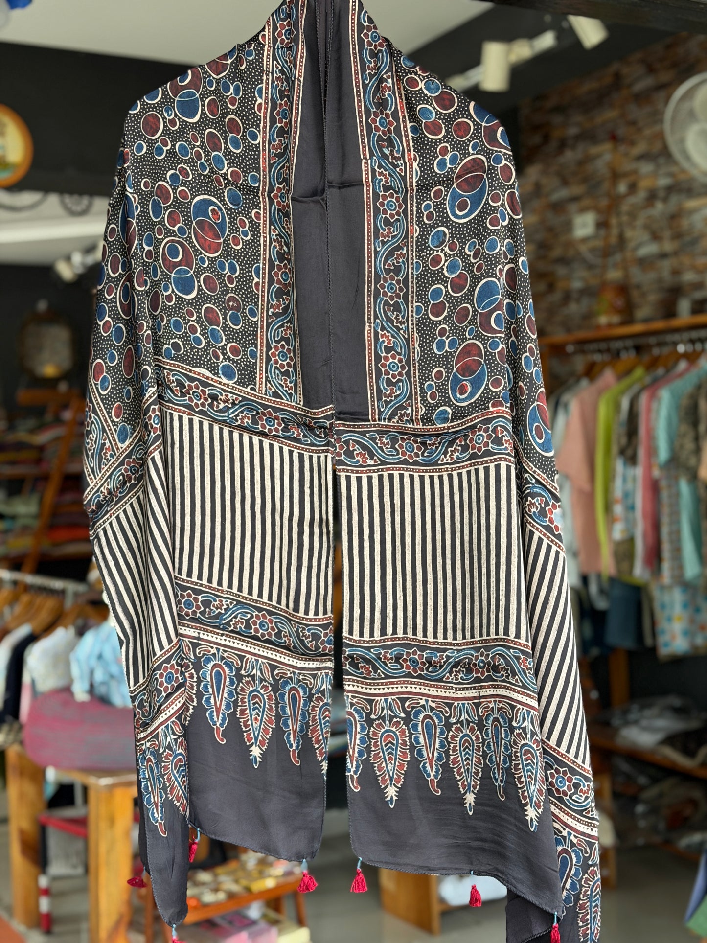 Black circles print Ajrakh hand block printed soft modal stole