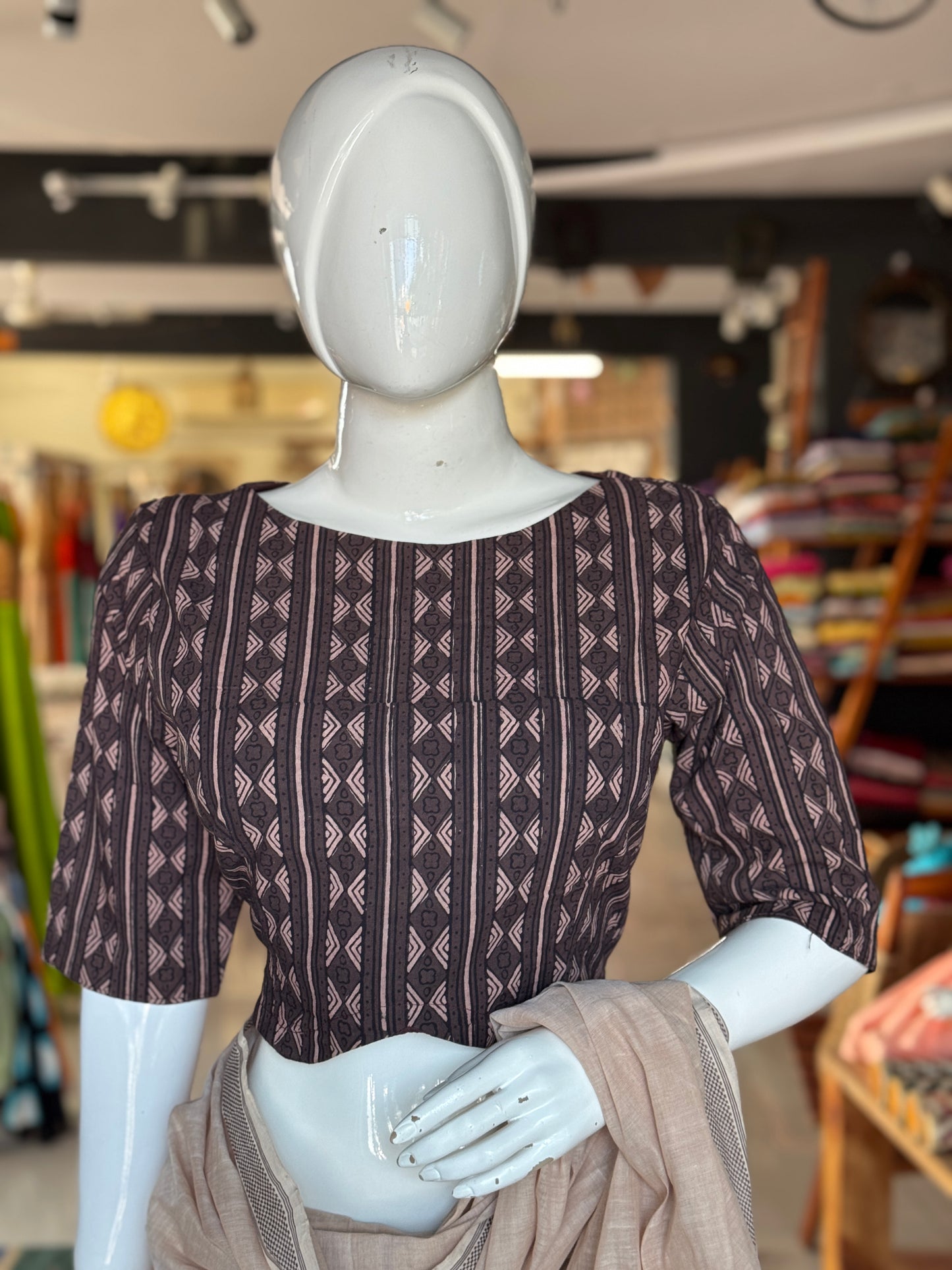 Black n brown geometric design Ajrakh handblock printed, natural dyed cotton back open blouse